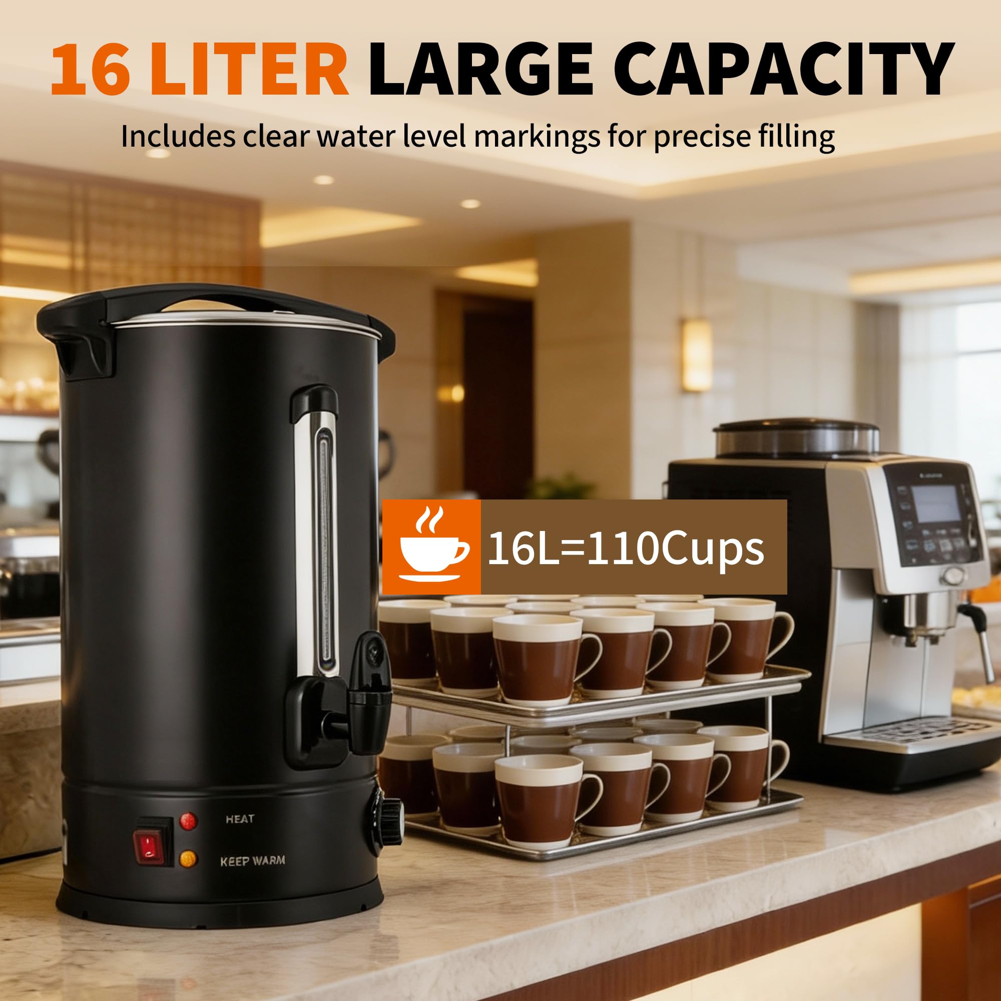 Garvee 16 L/110 Cups Coffee Urn Double Wall Stainless Steel Coffee Maker for Buffet Catering Wedding Black