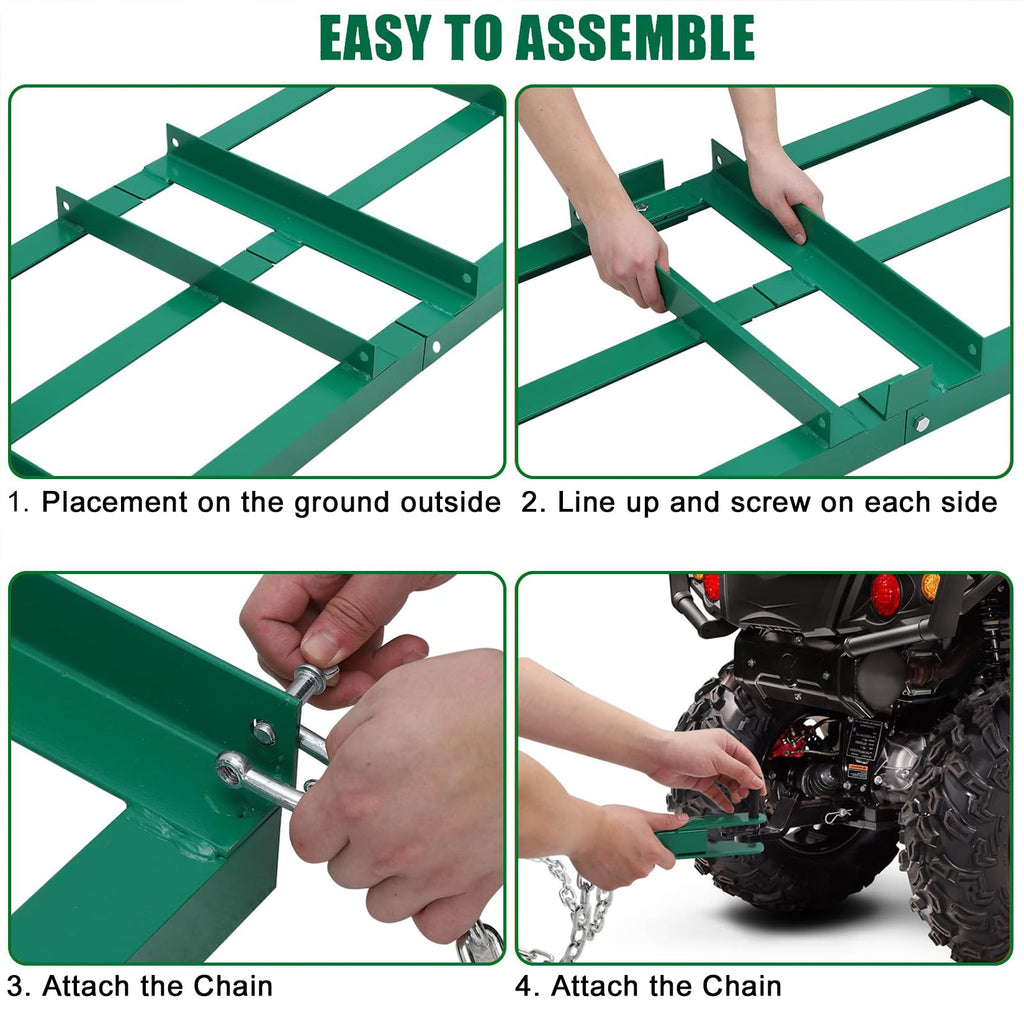 Garvee 4FT Driveway Drag Harrow for ATV, UTV & Tractor, Heavy-Duty Tow Behind Landscape Grader with 6FT Chain for Gravel, Soil, Yard & Field Leveling