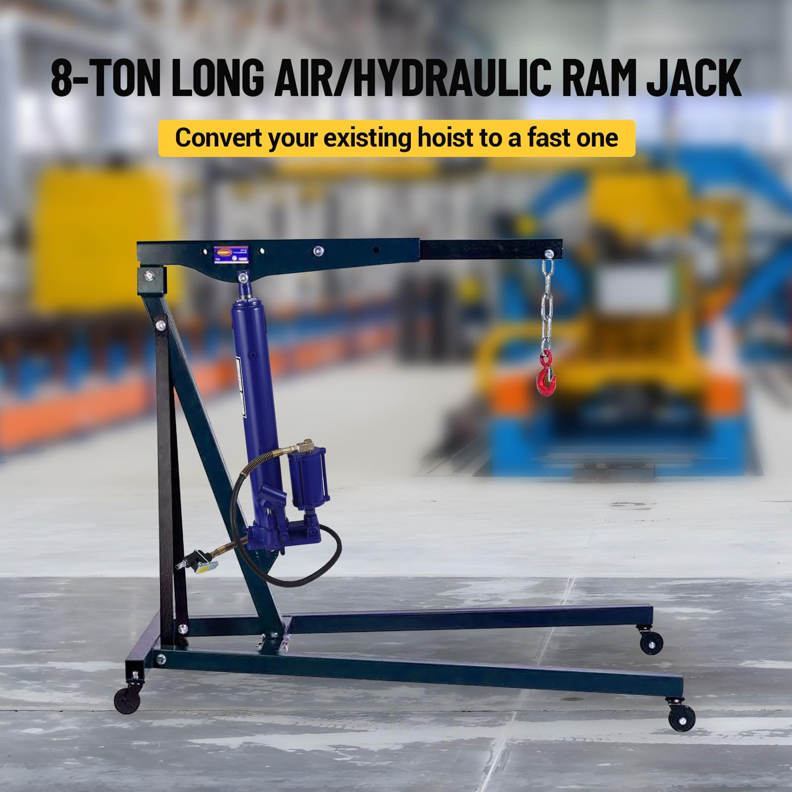 Garvee Hydraulic/Pneumatic Long Ram Jack - 8 Tons/17363 Lbs Capacity, Single Piston Pump, Clevis Base, Manual Cherry Picker Handle, for Garage Cranes & Engine Hoists