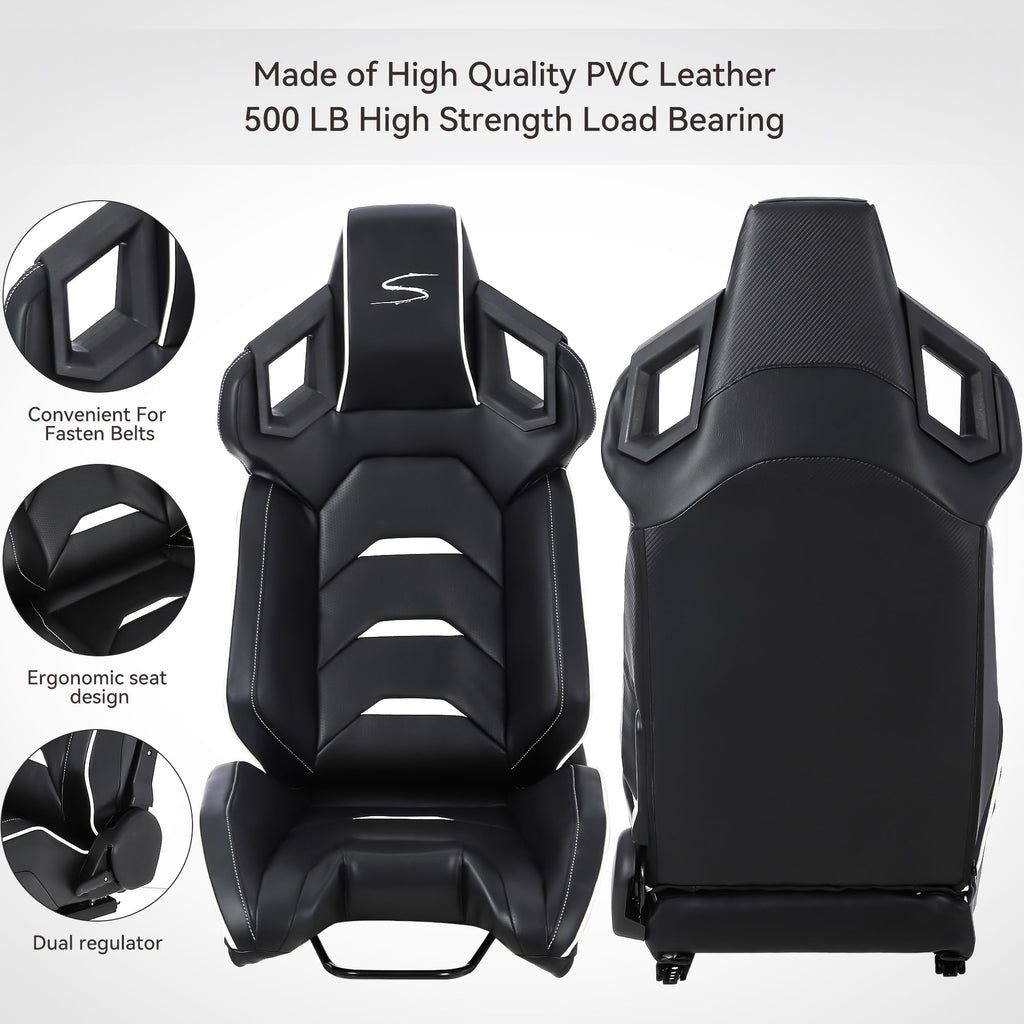 Garvee Universal Racing Seats with 2 Sliders,Adjustable PU & Carbon Leather Seats Automatic Sport Seats,Reclinable Bucket Seats for Cars,1 Pair Driver(Black, 23.6"×19.7"×37.4")