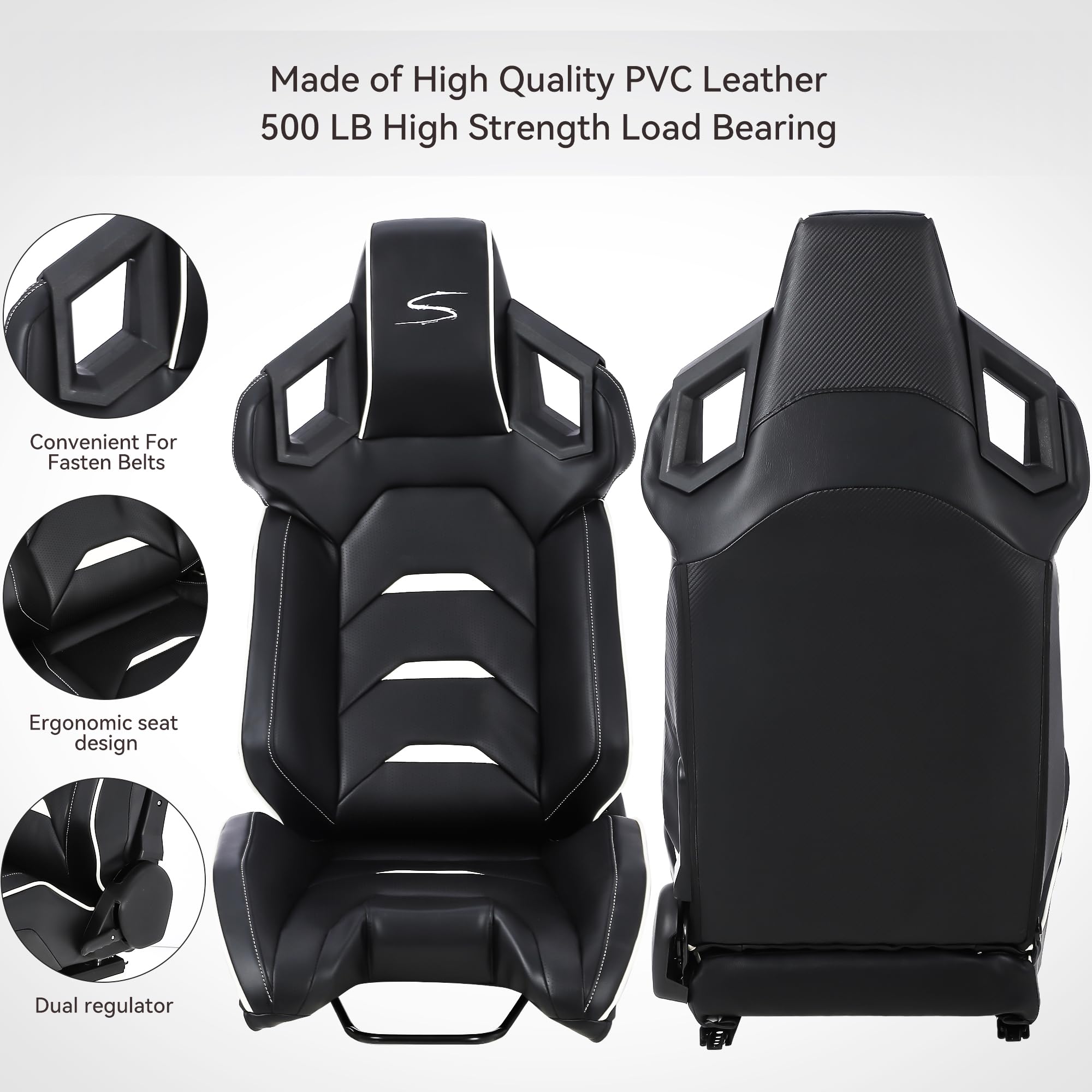 Garvee Reclinable Bucket Seats for Cars,Universal Racing Seats with 2 Sliders,Adjustable PU & Carbon Leather Seats Automatic Sport Seats,1 Passenger Side(Black, 23.6"×19.7"×37.4")