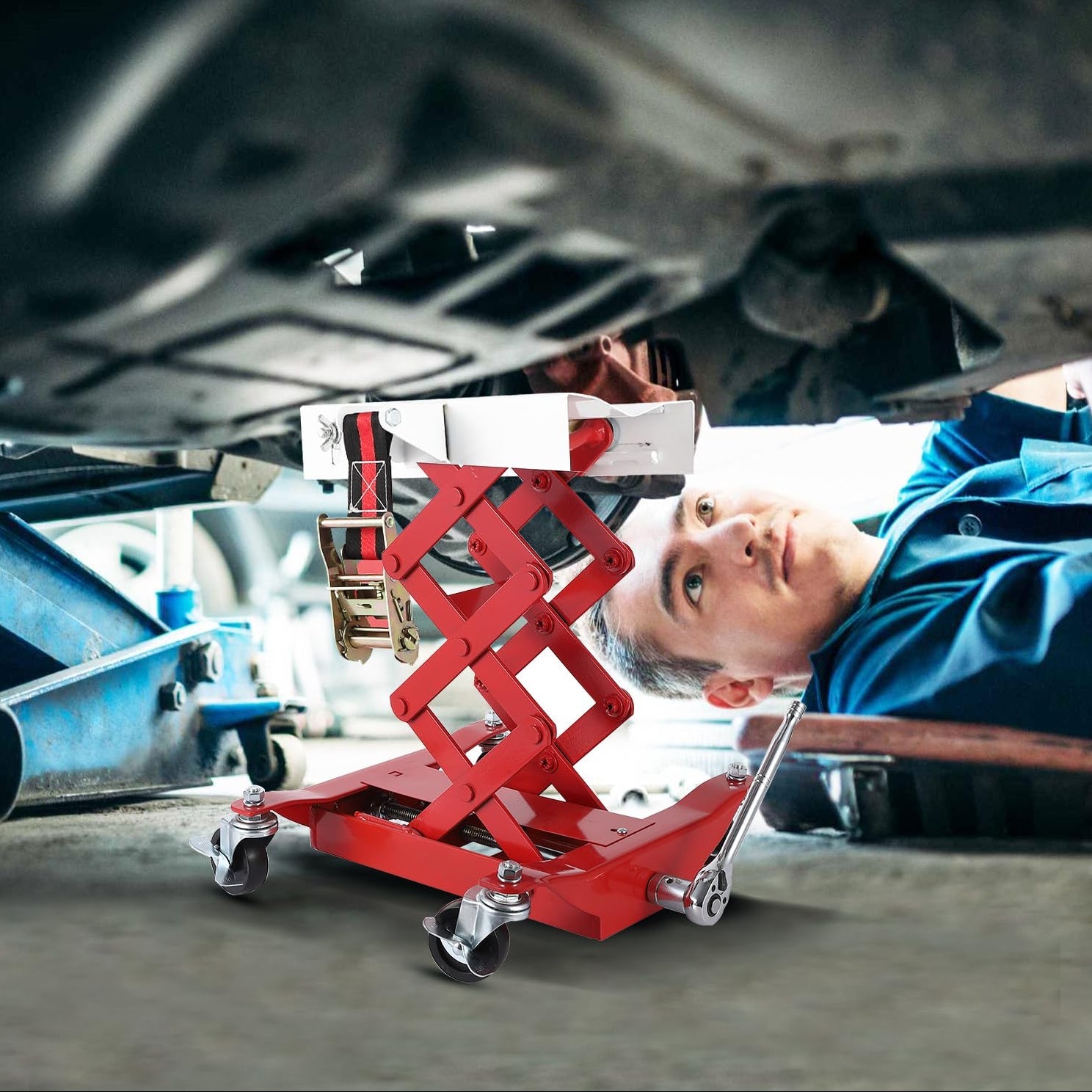 Garvee 450 LBS Capacity Low Profile Transmission Jack with 2M Safety Straps, 7-23 in Lift Range, Heavy Duty Auto Repair Lifting Jack, Red, Compact Vehicles