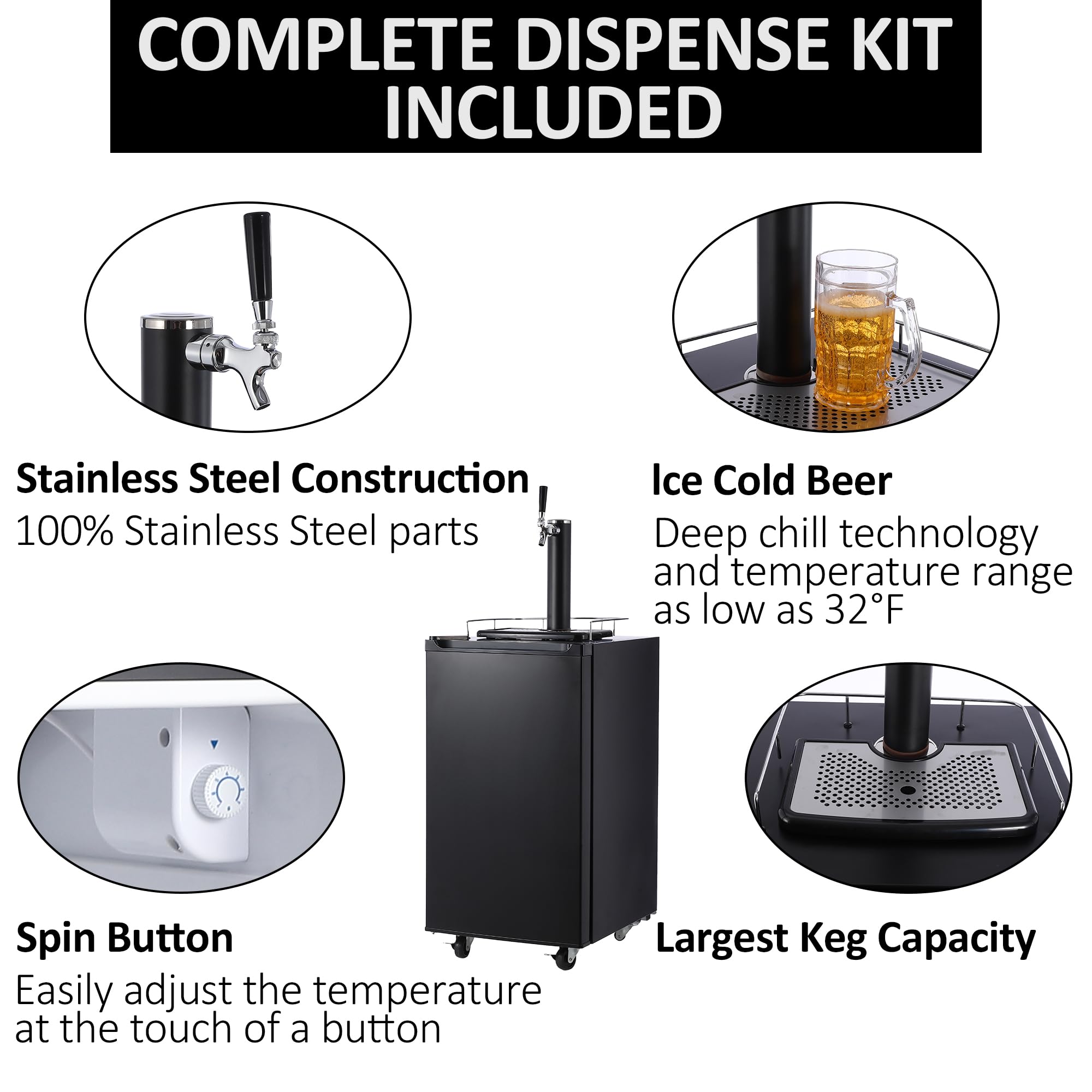 Garvee Kegerator and Keg Beer Cooler, Single Faucet Draft Beer Dispenser, Full Size Keg Refrigerator With Shelves, Stainless Steel, Drip Tray & Rail