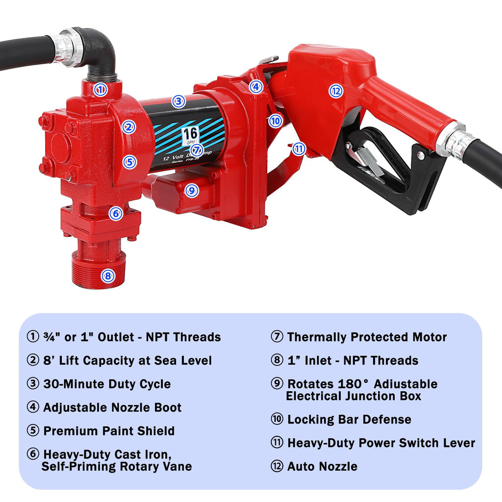 Garvee Fuel Transfer Pump 16 GPM 1/4 HP, 12 Volt DC Fuel Pump, Diesel Transfer Pump with Automatic Nozzles, Gasoline Transfer Pump with Emission & Suction Hoses for Gasoline, Diesel, Kerosene