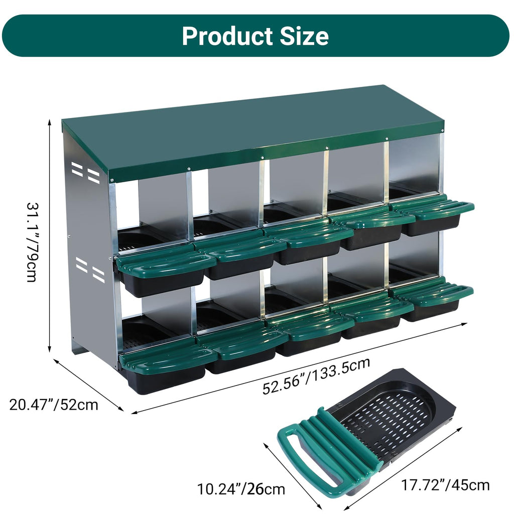Garvee Nesting Boxes for Chickens, 10 Compartment Roll Away Nesting Box with Egg Collection, Perch, Lid Cover for Egg Protection, Wall Mount/Free Standing Nest Box for Chickens