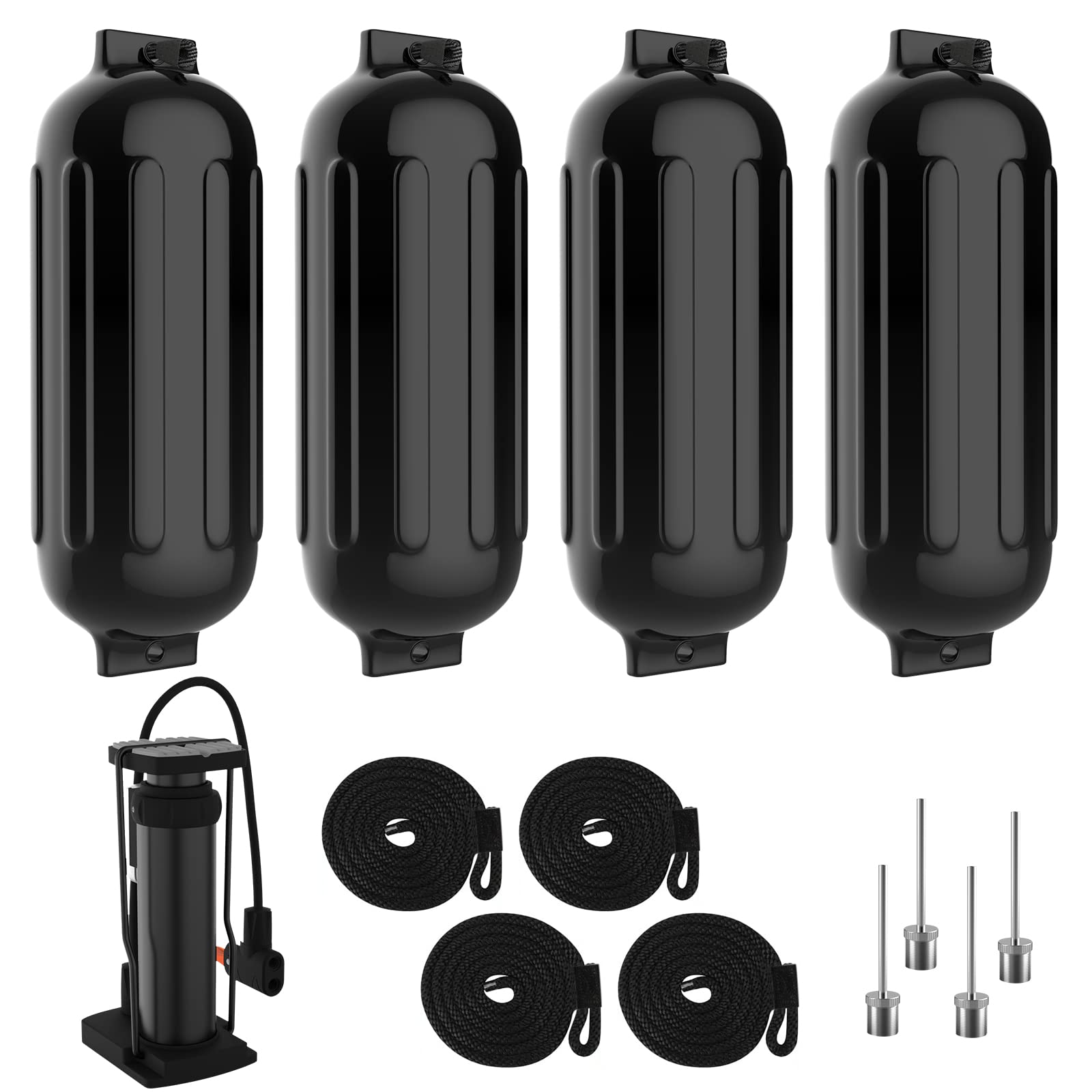 Garvee Boat Fenders 8.5 x 27 inches Pack of 4, Boat Bumpers for Docking with 4 Ropes, Inflatable Ribbed Marine Pontoon Boat Fender Bumper for Docks with 1 Storage Bag, 1 Air Pump and 4 Needles, Black
