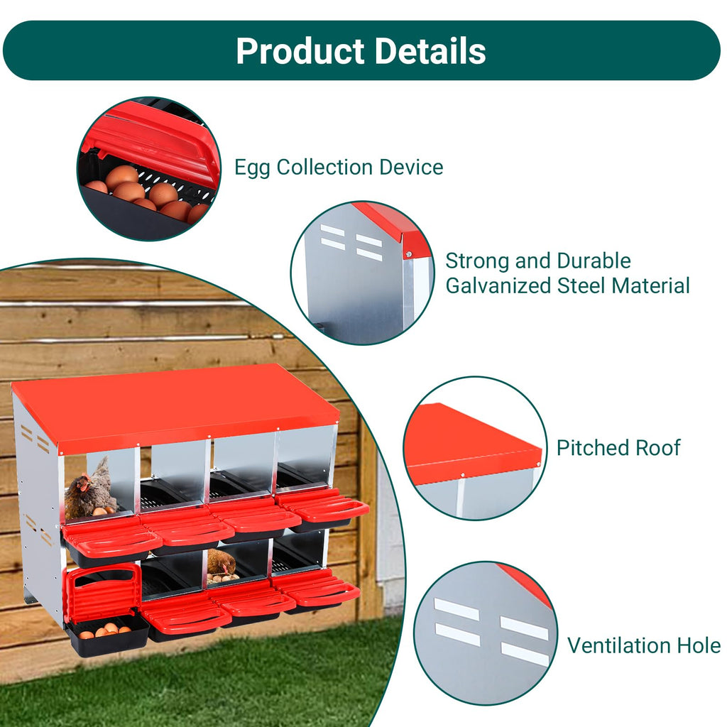 Garvee Nesting Boxes for Chickens, 8 Compartment Roll Away Nesting Box with Egg Collection, Perch, Lid Cover for Egg Protection, Wall Mount/Free Standing Nest Box for Chickens