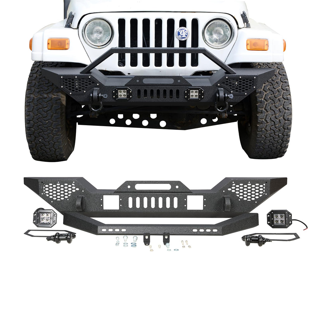Garvee Front Bumper Compatible with Wrangler TJ 1997-2006, Full Width Off-Road Rock Crawler Bumper with 2 LED Lights, Heavy Duty Steel, Black