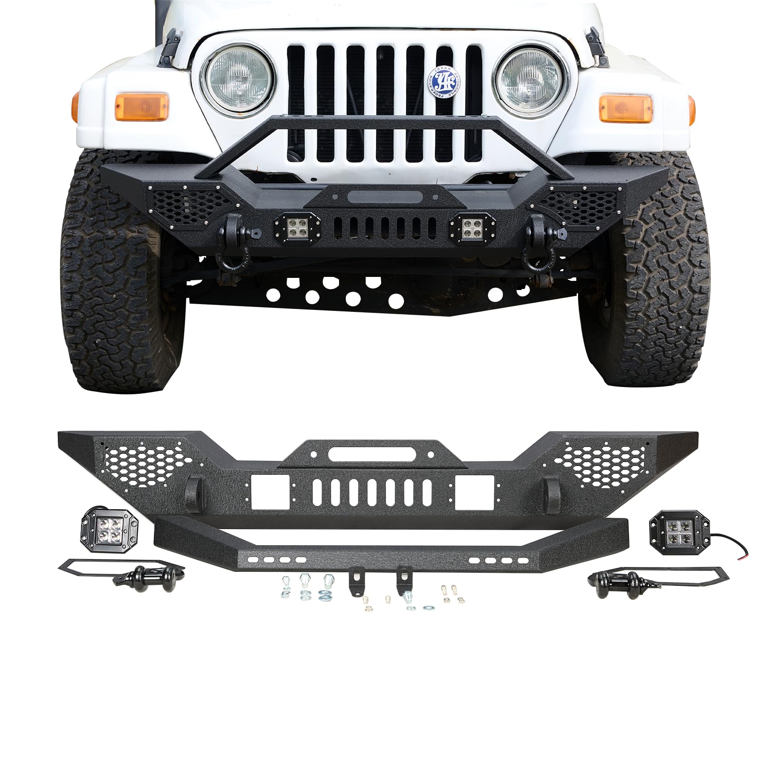 Garvee Front Bumper Compatible with Wrangler TJ 1997-2006, Full Width Off-Road Rock Crawler Bumper with 2 LED Lights, Heavy Duty Steel, Black