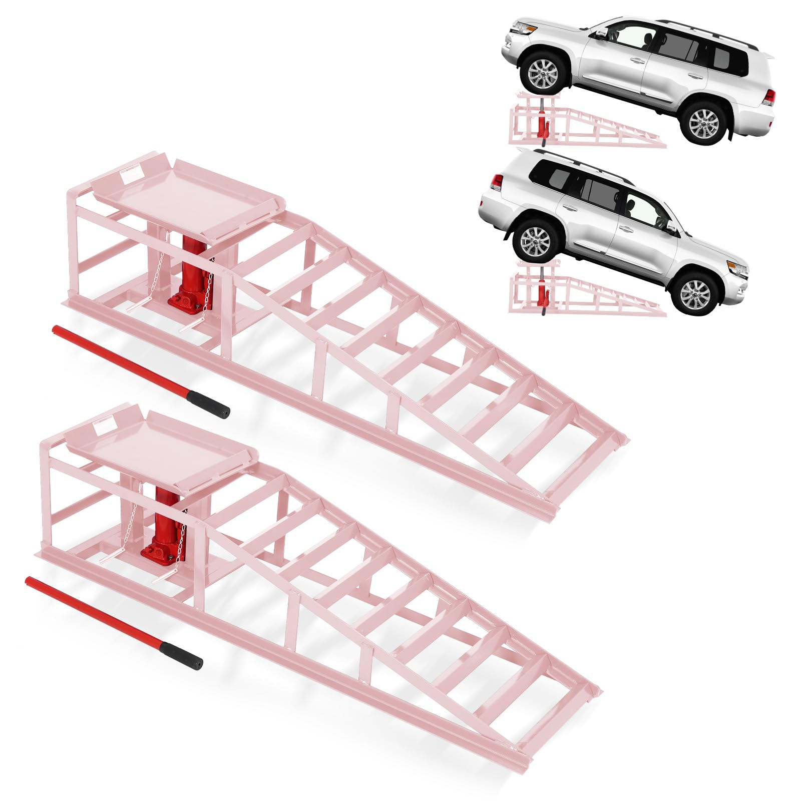 Garvee 2-Pack Hydraulic Car Ramps, 11000 lbs Capacity Low-Profile Car Lift with Adjustable Height (9.4"-13.34") for Trucks, Trailers, and Auto Repair in Garage, Pink