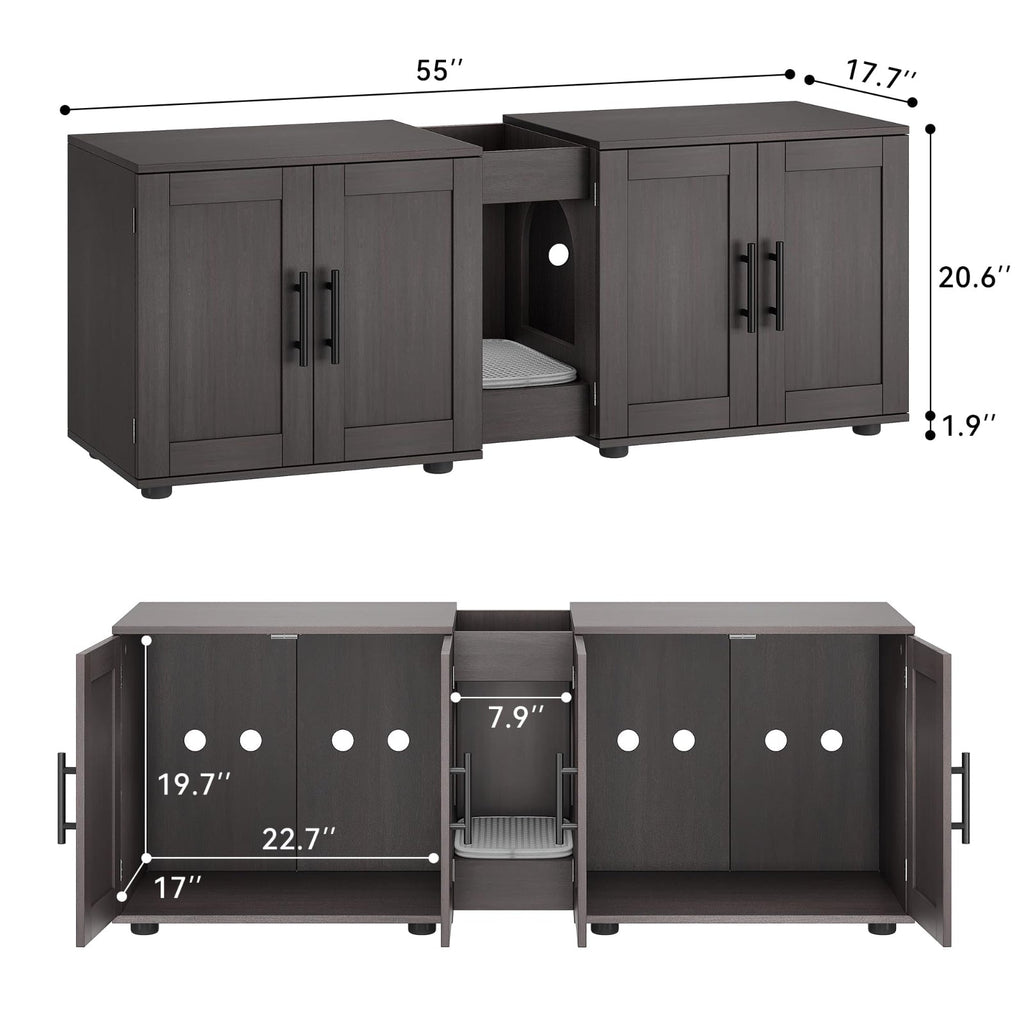 Garvee Hidden Litter Box Enclosure for 2 Cats, Double Room Cat Furniture Cabinet with Storage Groove & Odor-Reducing Mat, Wooden Cat Washroom Bench for Living Room, Dark Walnut