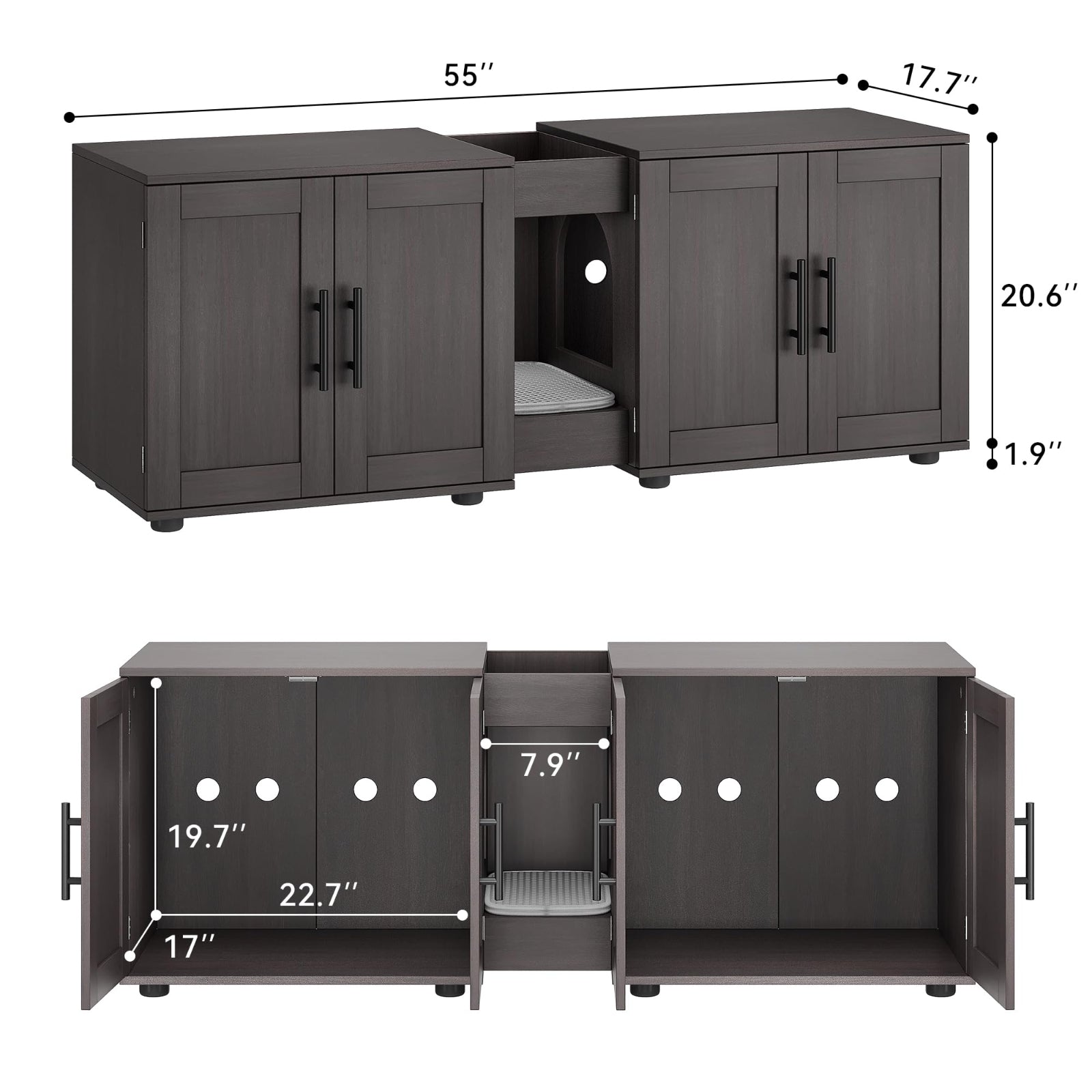 Garvee Hidden Litter Box Enclosure for 2 Cats, Double Room Cat Furniture Cabinet with Storage Groove & Odor-Reducing Mat, Wooden Cat Washroom Bench for Living Room, Dark Walnut