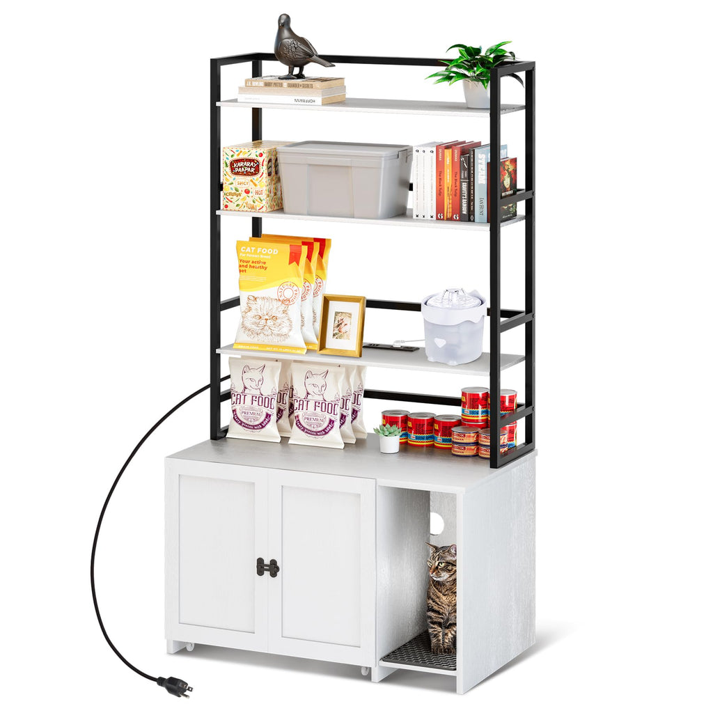 Garvee Cat Litter Box Enclosure, Hidden Cat Litter Box Furniture, Large Double Door Cat House with 3 Shelves and Charging Station, Push-Pull Mobile Chassis