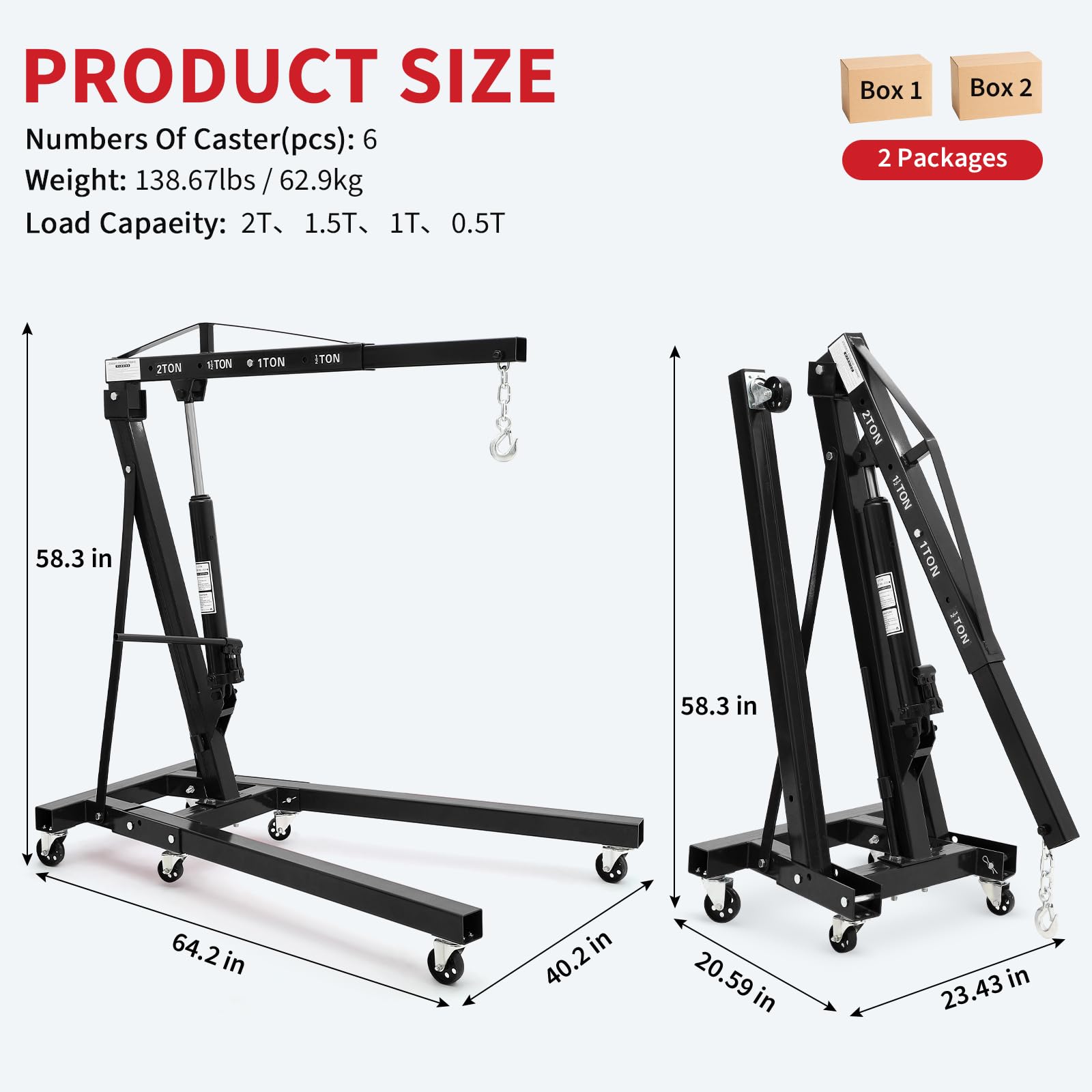 Garvee 2-Ton Folding Engine Hoist - 4400 lbs Capacity Cherry Picker Hydraulic Shop Crane with Telescoping Boom, 6 Caster Wheels, Hitch, and Storage Stand for Automotive Repair and Garage Use, Black