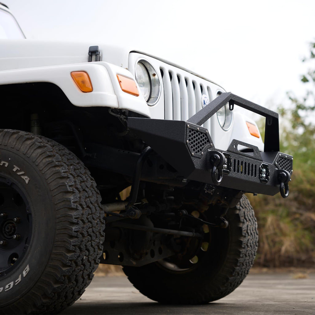 Garvee Front Bumper Compatible with Wrangler TJ 1997-2006, Full Width Off-Road Rock Crawler Bumper with 2 LED Lights, Heavy Duty Steel, Black