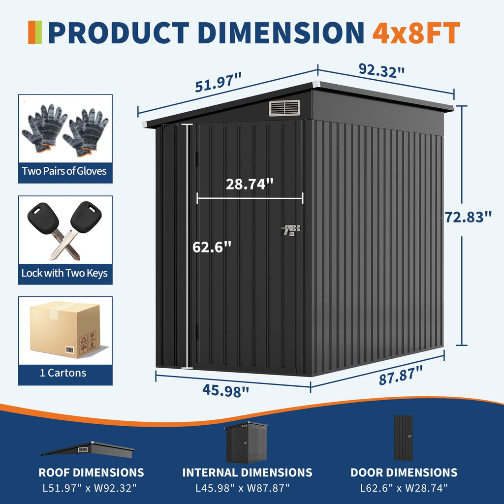 Garvee 4x8ft Metal Outdoor Lean-To Storage Shed, Heavy-Duty Garden Utility Tool Shed with Metal Wall Side, Weather-Resistant & Durable