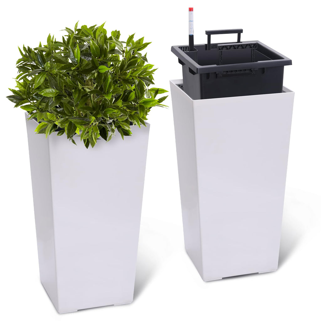 Garvee 23" Tall Planters Set of 2 - Modern Indoor/Outdoor Plant Pots with Drainage Holes, Water Level Monitor, Inner Bucket & Automatic Watering, White