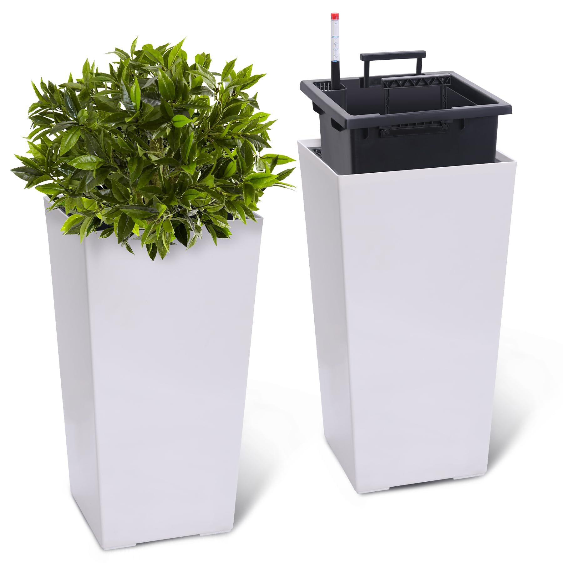 Garvee 23" Tall Planters Set of 2 - Modern Indoor/Outdoor Plant Pots with Drainage Holes, Water Level Monitor, Inner Bucket & Automatic Watering, White