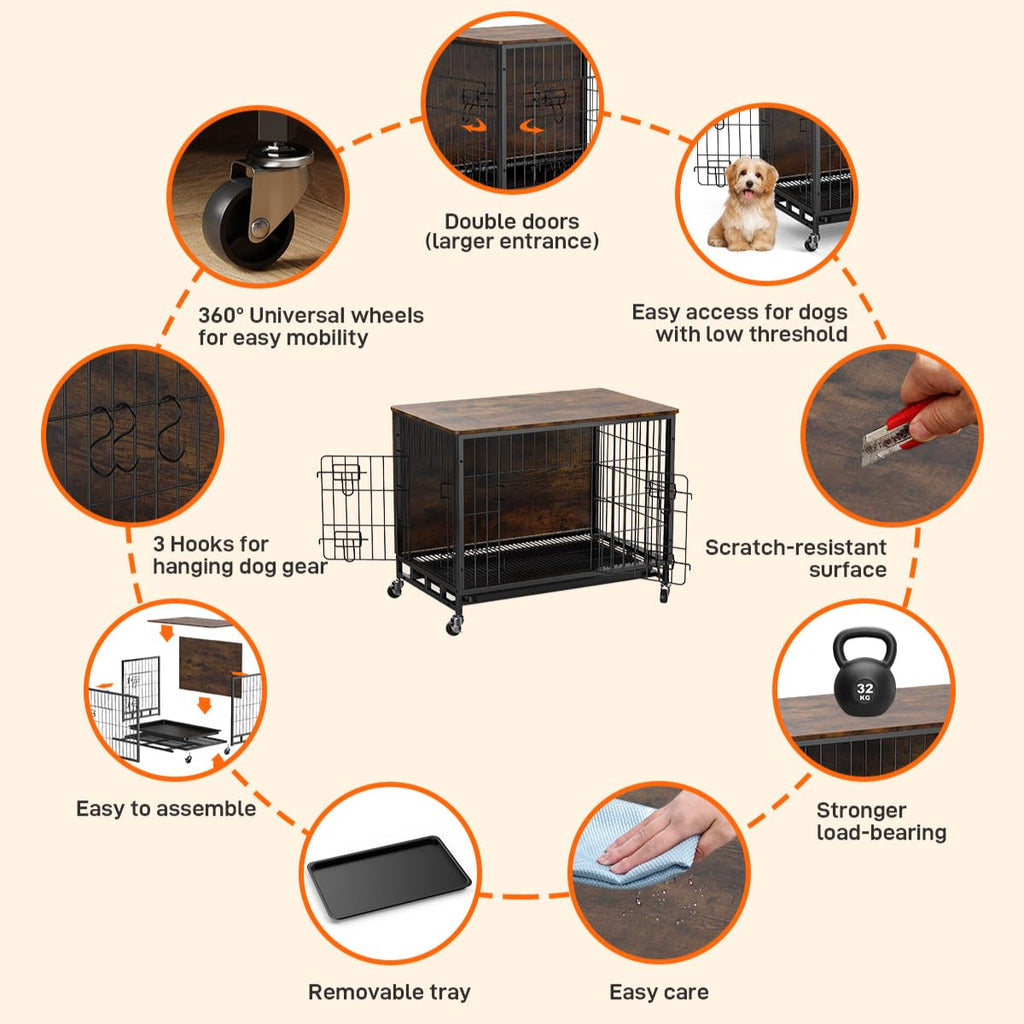 Garvee Dog Crate Furniture, 38.6" Dog Kennel Indoor Double Doors, Wooden Dog Cage with Pull-Out Tray & Removable Wheels, Decorative End Table Pet House Chew-Resistant for Large Dog, Brown