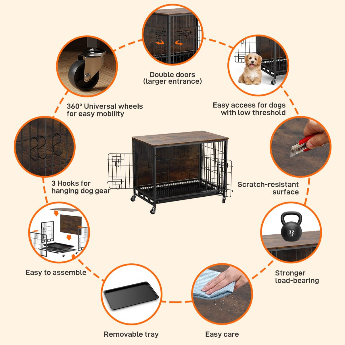 Garvee Dog Crate Furniture, 38.6" Dog Kennel Indoor Double Doors, Wooden Dog Cage with Pull-Out Tray & Removable Wheels, Decorative End Table Pet House Chew-Resistant for Large Dog, Brown