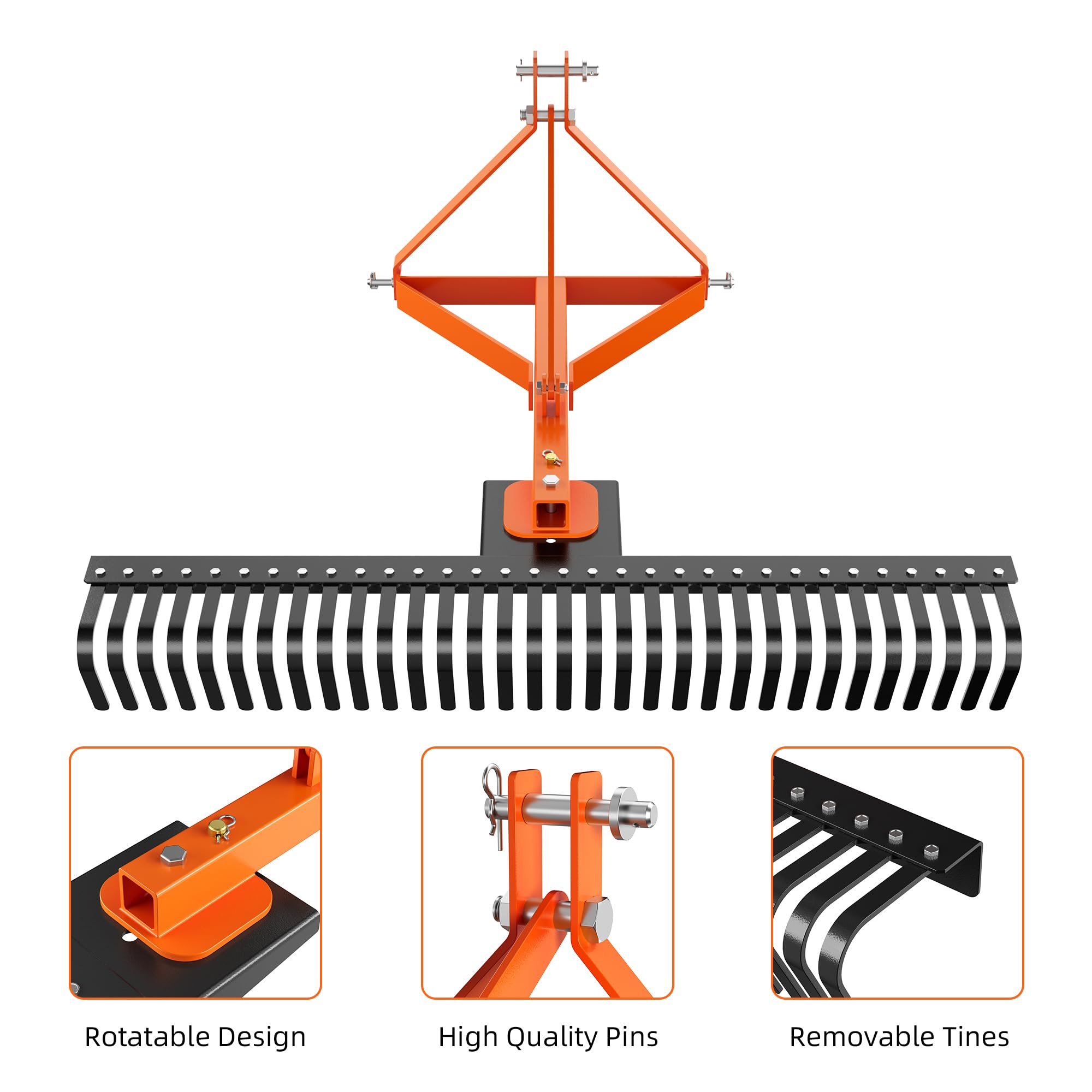 Garvee 3 Point 5 FT Landscape Rake, 60" Width 3 Point Rock Rake Tow-Behind Garden Tool for Compact Tractors, Fits Category 1 Hookup, 360 Degree Rotation Lawn Rake