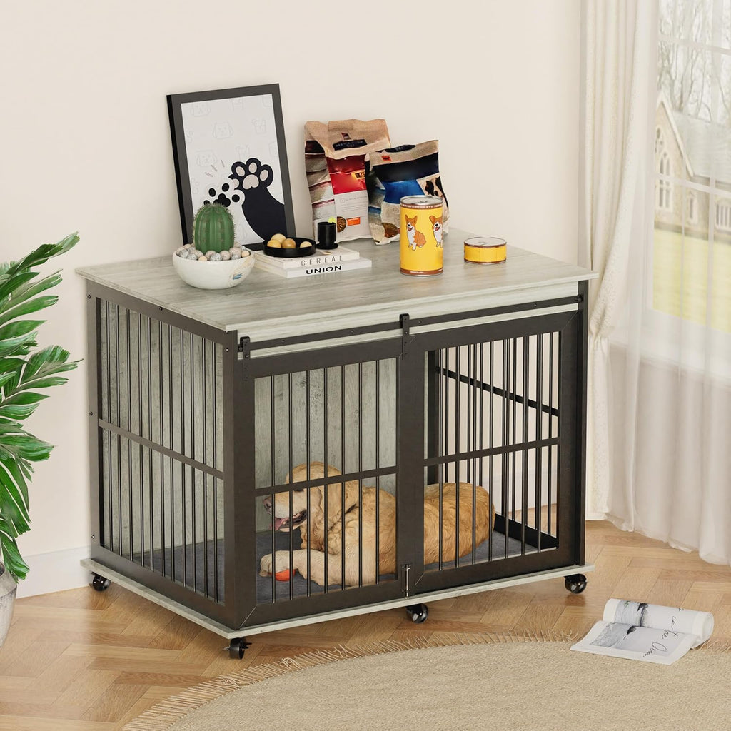 Garvee Furniture Style Dog Crates with Sliding Iron Door, Modern Decorative Pet House, Indoor Puppy Kennel for Medium Dogs, Grey