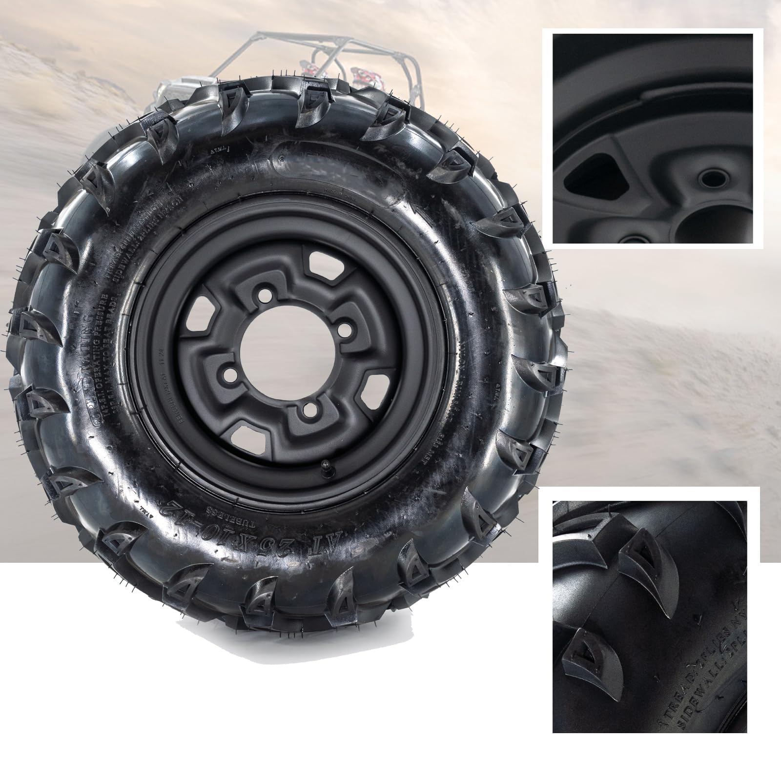 Garvee Set Of 2 25x10-12 ATV Tires With 12" Wheel Rim 4 Bolt All-Season Off-Road Mud Sand Terrain Black