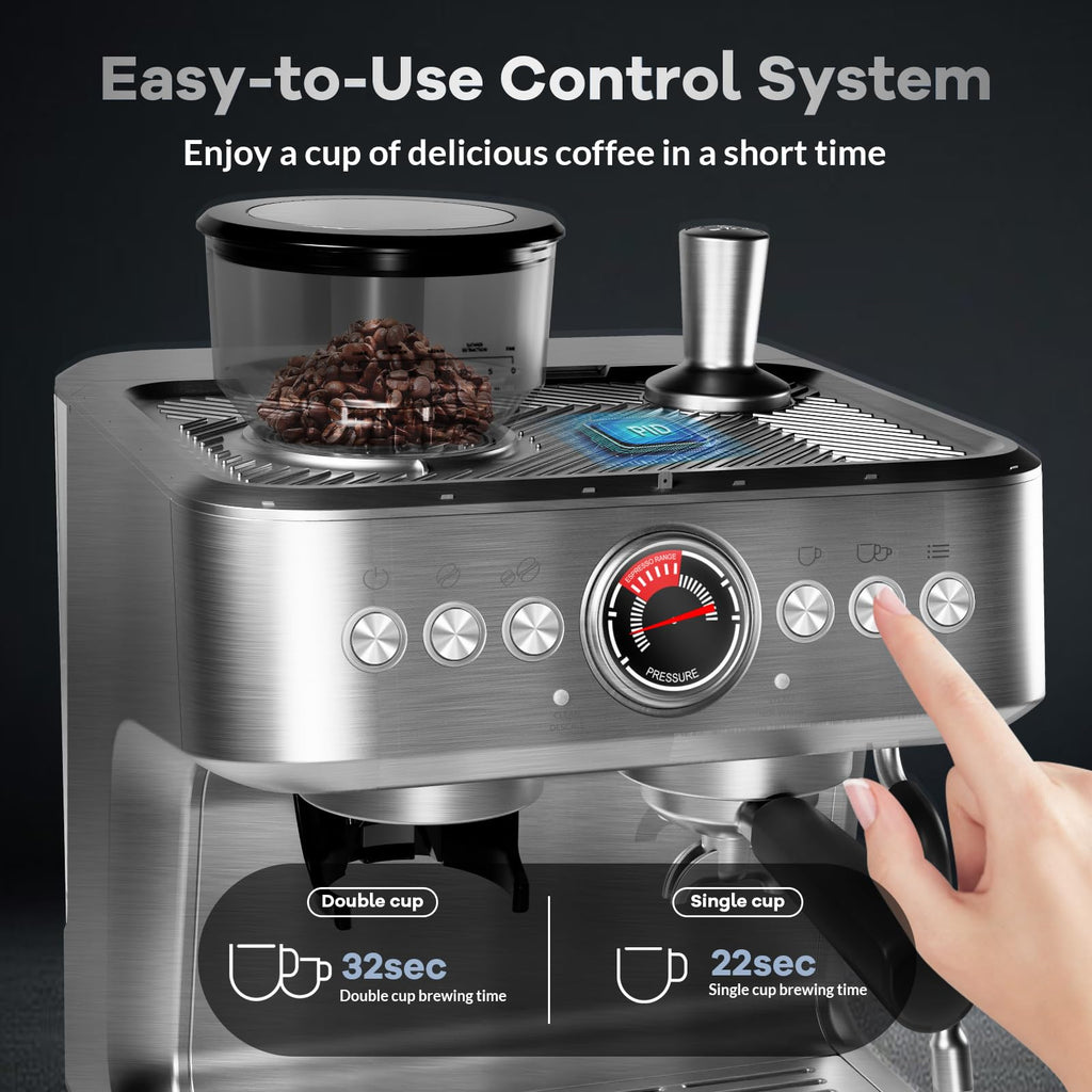 Garvee 20 Bar Espresso Machine - 1500W Motor, Built - In 30 - Setting Grinder, Milk Frothing, PID, 2.8L Tank