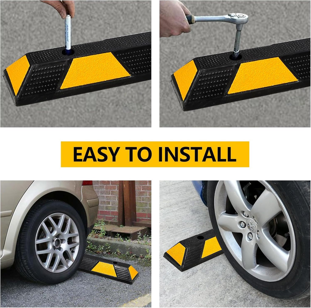 Garvee 2 Pack Curb Parking Garage Floor Stopper, 72 Inch Heavy Duty Rubber Parking Curb with Yellow Reflective Stripes, Rubber Parking Lot Stopper for Vehicles Truck Driveway