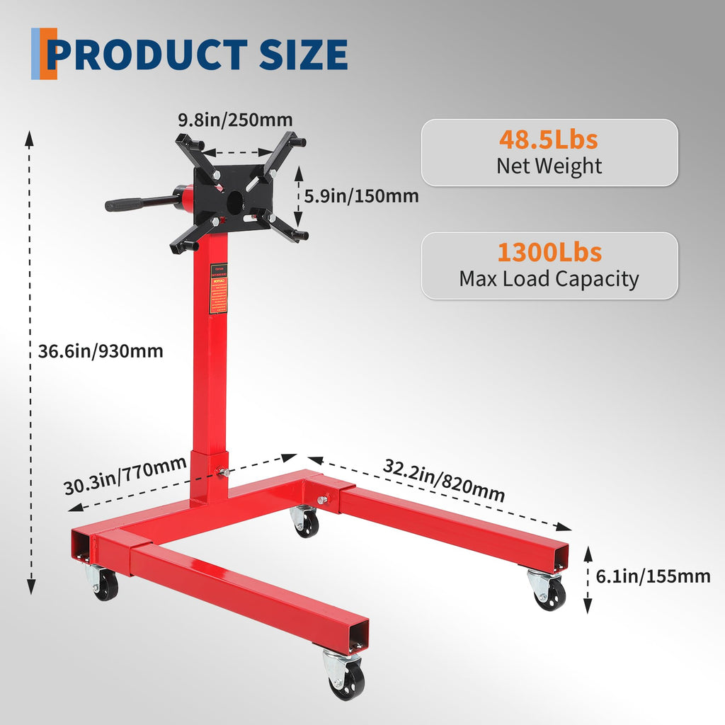 Garvee Engine Stand 1300 LBS Rotating Motor Stand with 360° Rotating Head, Adjustable Arms, Casters for Vehicle Maintenance, Durable Steel, Black