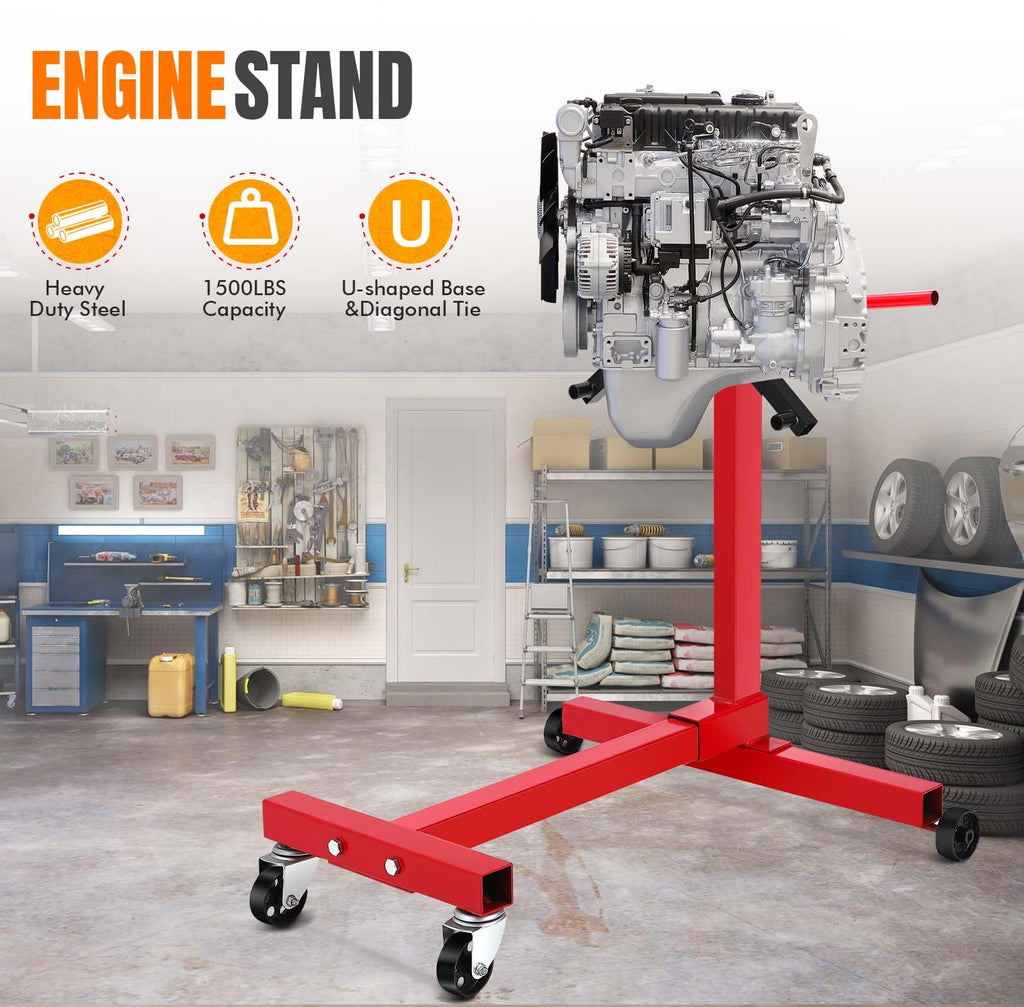 Garvee Engine Stand, 1500 lbs (3/4 Ton) Rotating Engine Motor Hoist with 360 Degree Adjustable Head, Cast Iron Folding Motor Hoist Dolly, 4-Caster, 4 Adjustable Arms, for Vehicle Maintenance