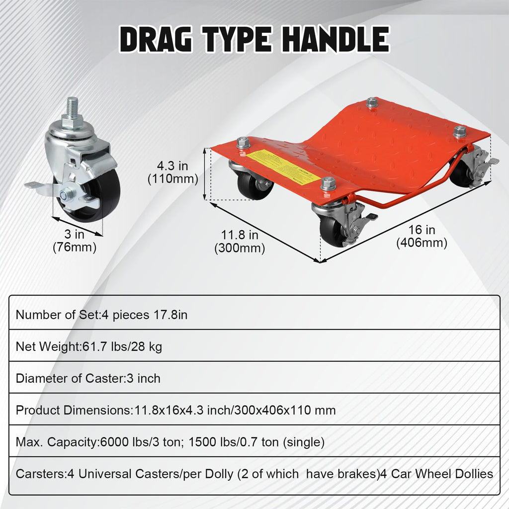 Garvee Car Dolly Set of 4 - Heavy-Duty Vehicle Wheel Dollies for Moving Cars, Motorcycles, and Trucks in Garage, 6,000 lbs Capacity, Orange