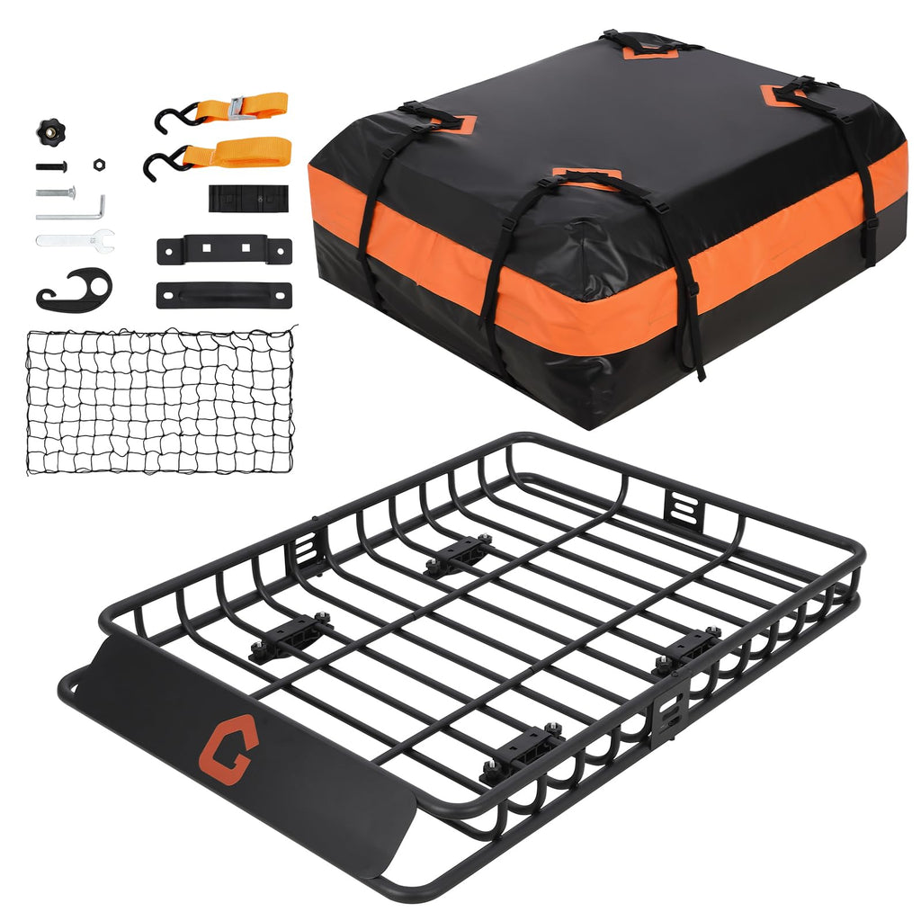 Garvee Roof Rack Cargo Carrier Basket Universal Rooftop 51''X36''X5'' Black with Cargo Net and Waterproof Bag for Pick Up Trucks, 200lbs Capacity