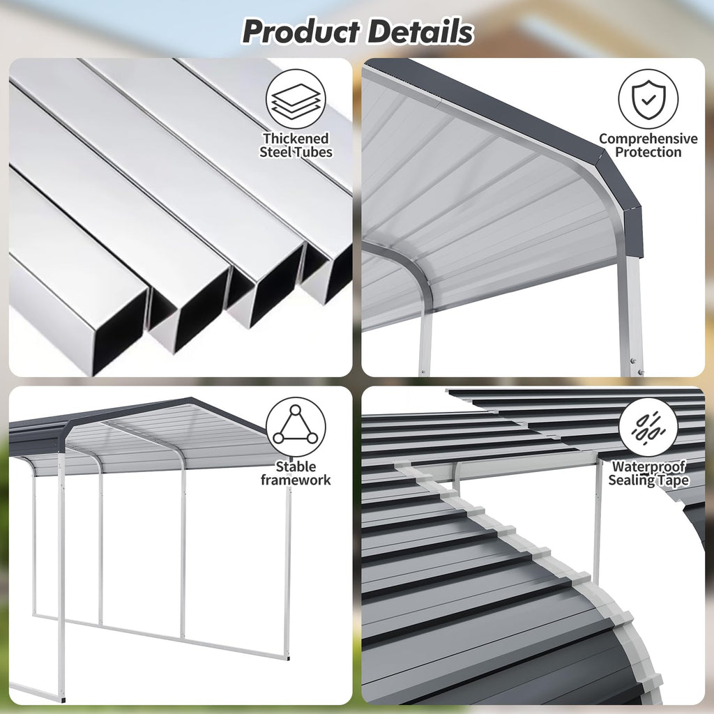 Garvee 10'x15' Heavy Duty Carport with Galvanized Metal Roof & Updated Frame - Metal Garage Canopy for Cars, Boats, Tractors, Grey