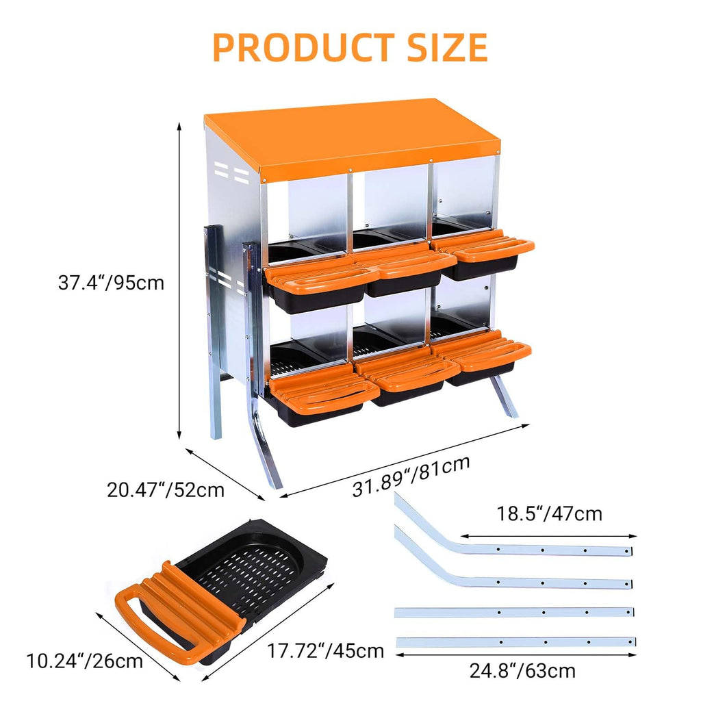 Garvee Chicken Nesting Box 6-Hole Roll Away Egg Laying Box with Lid, Heavy-Duty Galvanized Steel, Orange, Easy Egg Collection & Cleaning