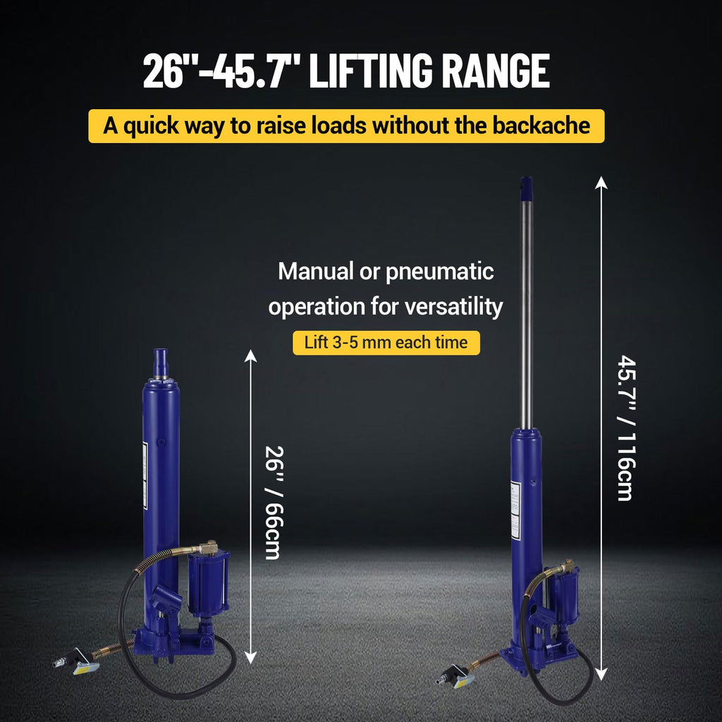 Garvee Hydraulic/Pneumatic Long Ram Jack - 8 Tons/17363 Lbs Capacity, Single Piston Pump, Clevis Base, Manual Cherry Picker Handle, for Garage Cranes & Engine Hoists