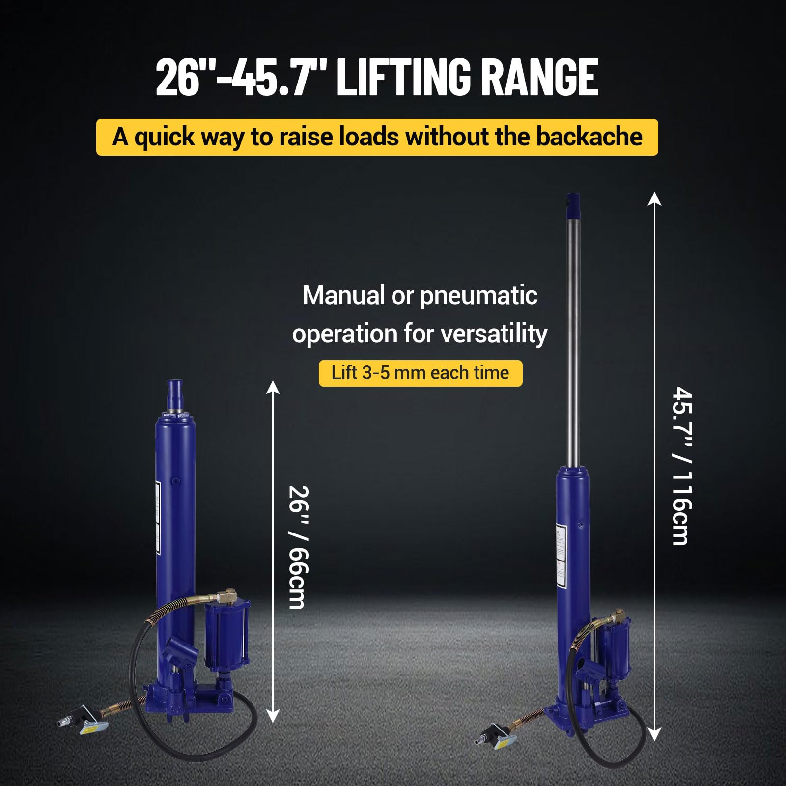 Garvee Hydraulic/Pneumatic Long Ram Jack - 8 Tons/17363 Lbs Capacity, Single Piston Pump, Clevis Base, Manual Cherry Picker Handle, for Garage Cranes & Engine Hoists