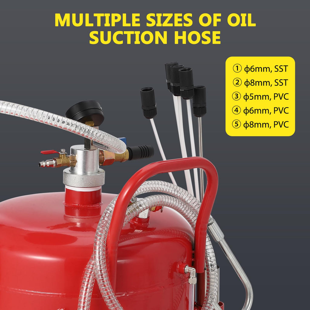 Garvee 20 Gallon Oil Drain Vacuum and Extractor, Pneumatic Oil Drainer, Portable Oil Drain Container with Adjustable Funnel, Steel, Rust-Resistant, Height Adjustable，Upgraded Version Red