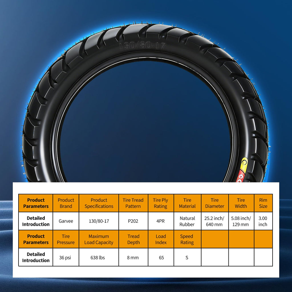 Garvee 130/80-17 Motorcycle Tire Rear Black Wall 4PR 65S Tubeless Street Tire Cruiser Touring High Performance Enhanced Grip Wear Resistance