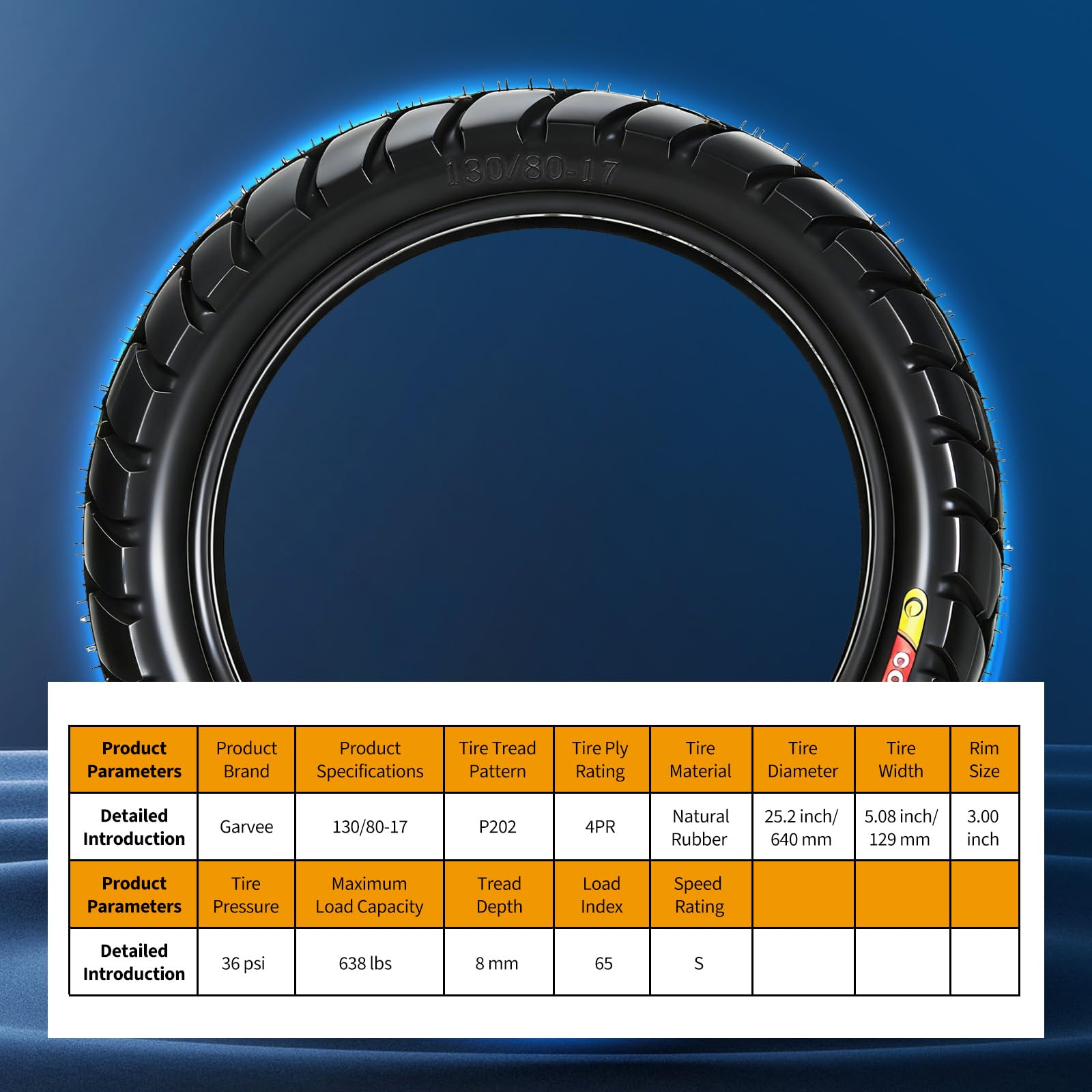 Garvee 130/80-17 Motorcycle Tire Rear Black Wall 4PR 65S Tubeless Street Tire Cruiser Touring High Performance Enhanced Grip Wear Resistance