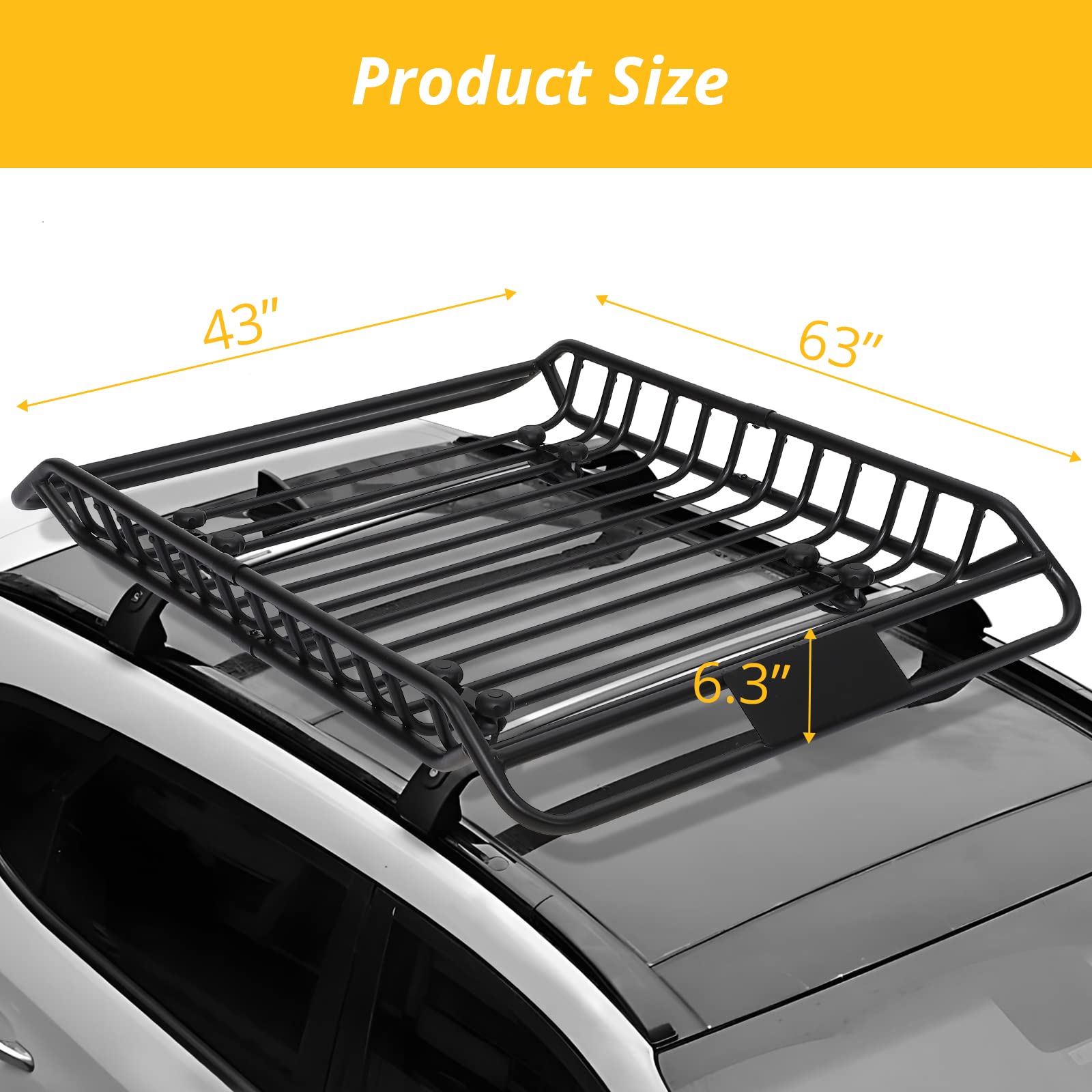 Garvee 63x43 Inch Car Roof Rack Basket 300LBS Heavy Duty Steel Cargo Basket Universal Rooftop Cargo Carrier with Extension for SUV, Pick Up,Trucks,Car