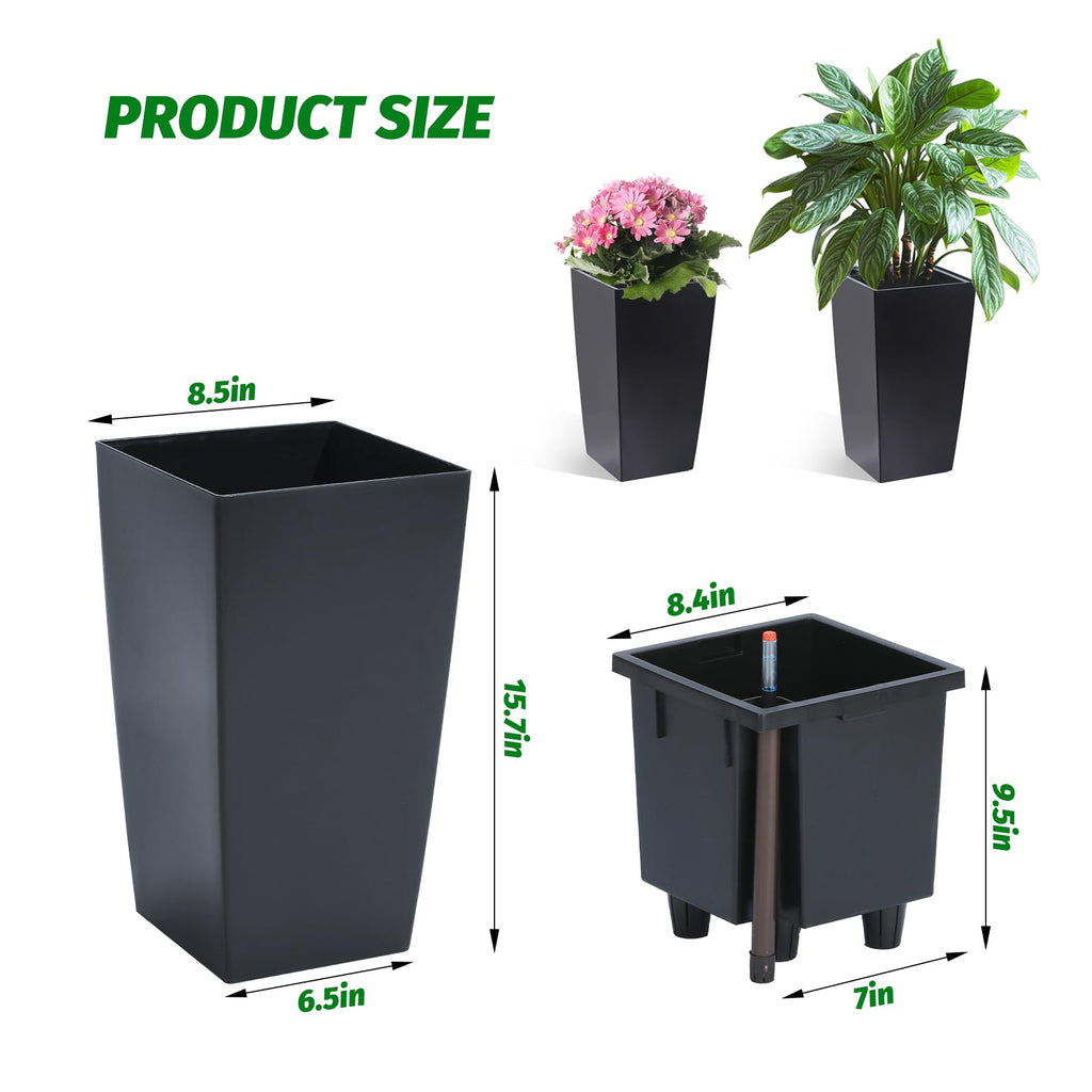 Garvee 16 Inch Tall Rectangular Planters Set of 2 Large Modern Plant Pots with Drainage Holes＆Water Level Monitor＆Wheels Outdoor and Indoor for Patio, Porch, Living Room, or Home Office, Black