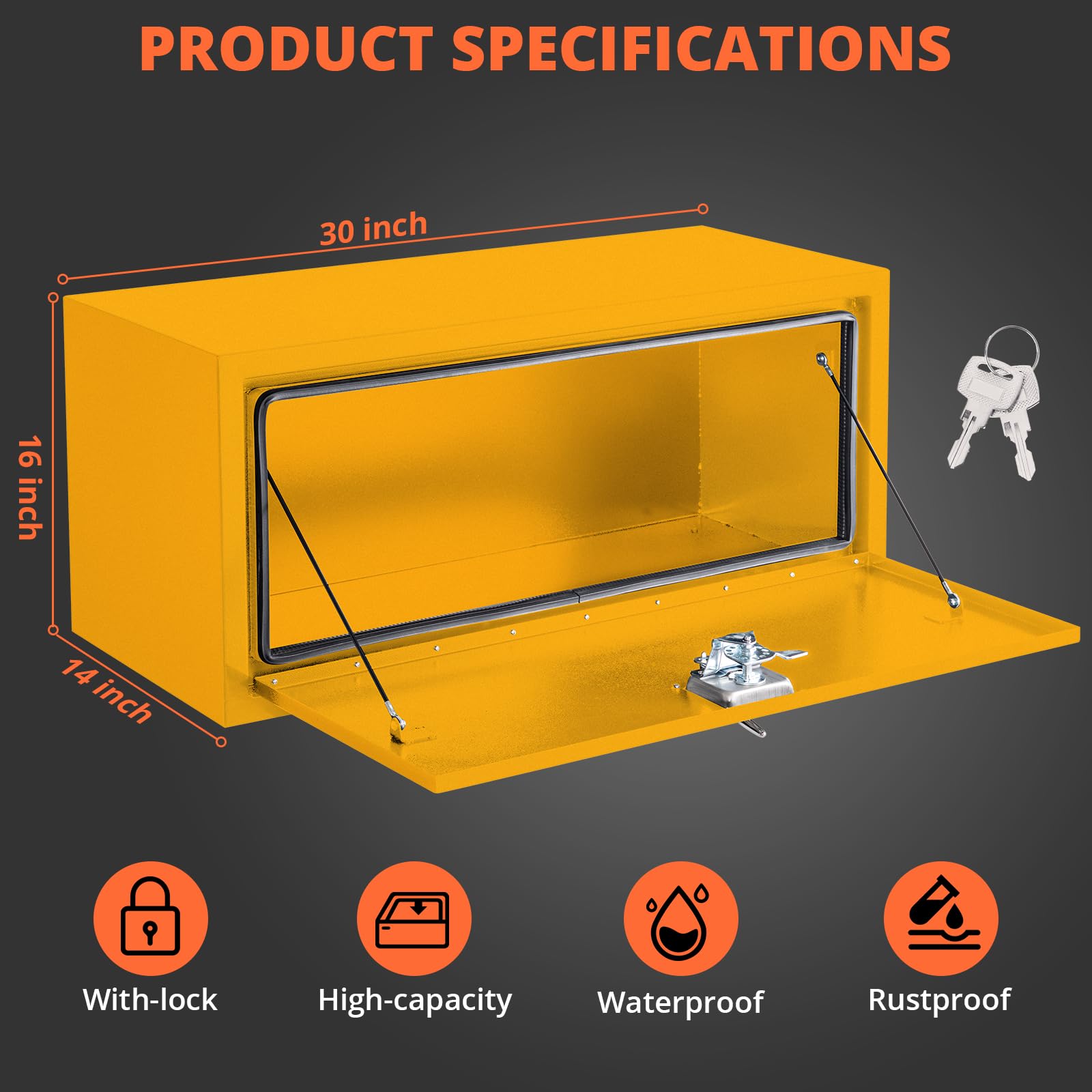 Garvee 30x14x16 Inch Underbody Truck Box Black Steel Lockable Waterproof Tool Storage Organizer for Trucks Heavy Duty, Yellow