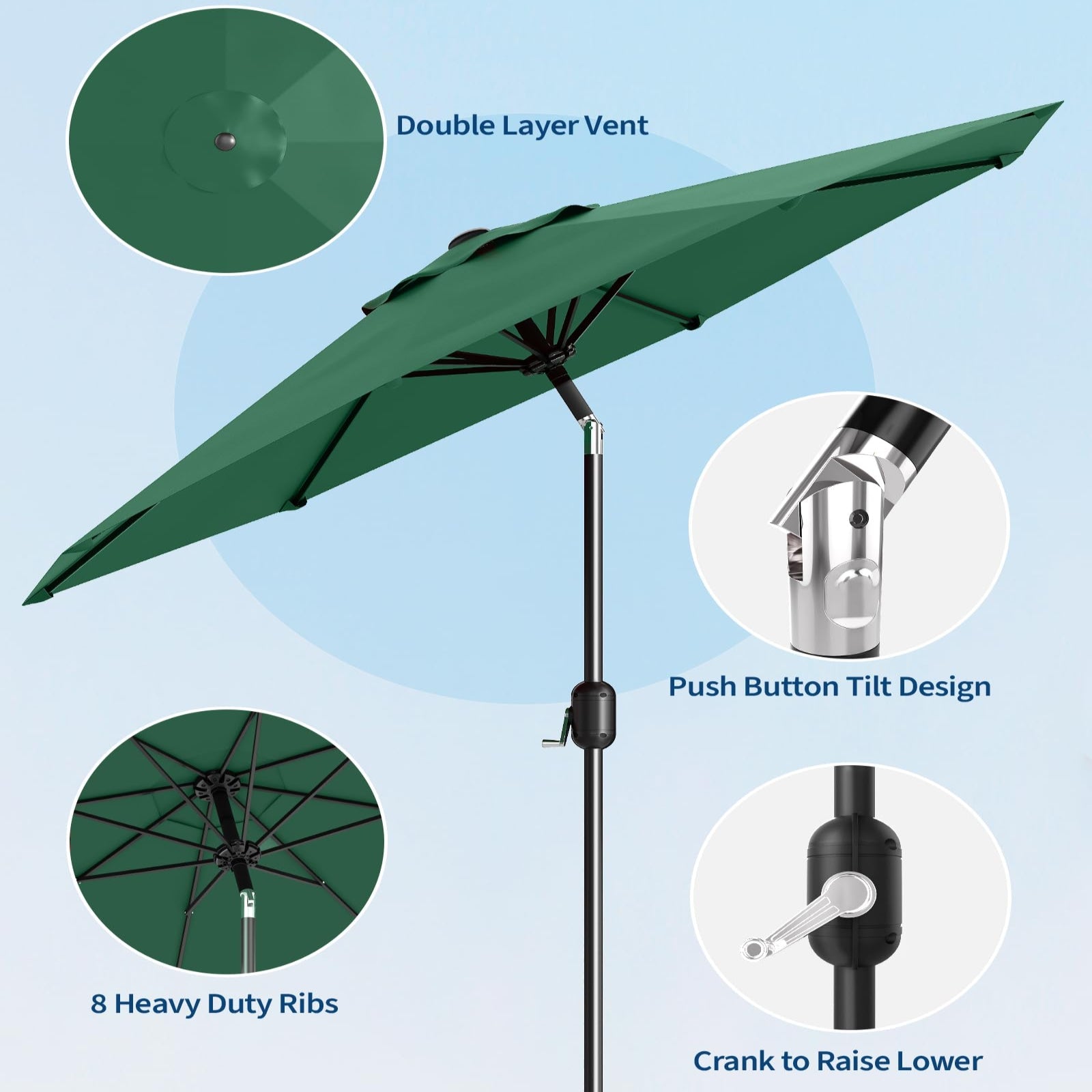 Garvee 9 ft Outdoor Patio Umbrella with 8 Sturdy Ribs, Crank Lift, Push-Button Tilt & UV-Resistant Waterproof Canopy for Pool, Deck, Yard & Garden, Dark Green