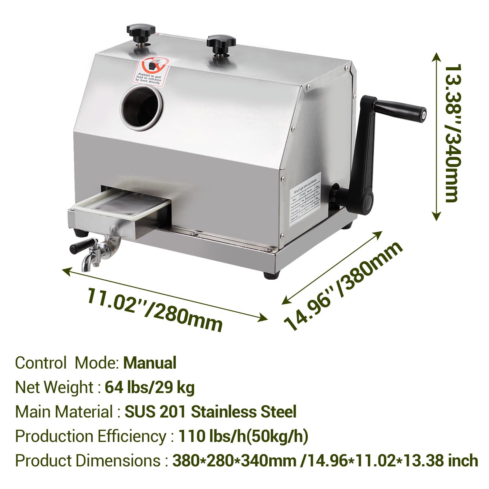 Garvee Manual Sugar Cane Juicer Machine, Sugar Cane Press with 3 Stainless Steel Drums and 2.4-inch Large Inlet, Sugarcane Juice Machine with 110LBS/H, Suitable for Home/Commercial Use