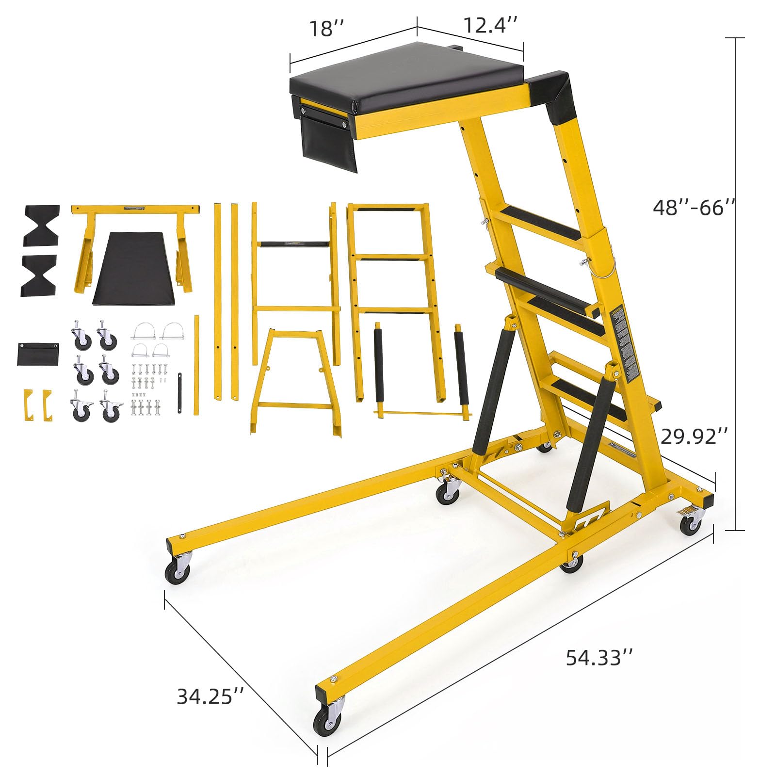 Garvee Topside Automotive Engine Creeper - Adjustable Height (48"-66"), 400 lbs Capacity, Foldable Design with 6 Swivel Caster Wheels, Thicker Cushion, and Tool Pouch, Yellow