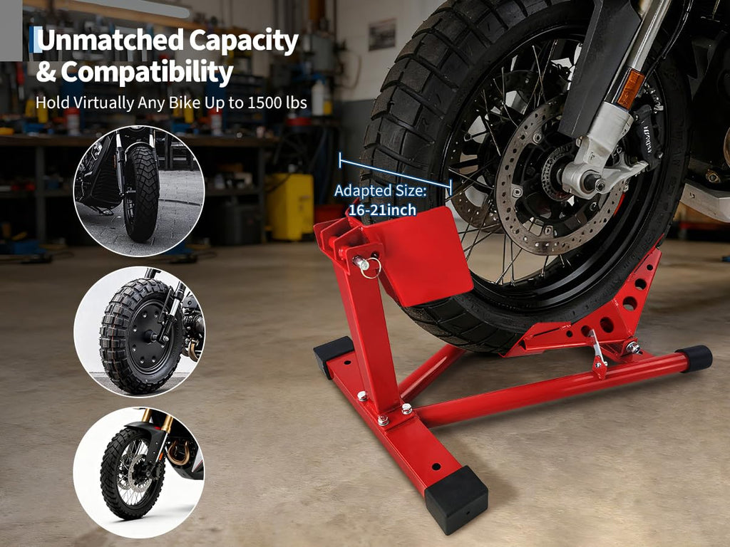 Garvee Universal Motorcycle Wheel Chock Heavy Duty 1500Lb Capacity Adjustable 16''-21'' Wheels for Trailers, Garage, Transport, Black