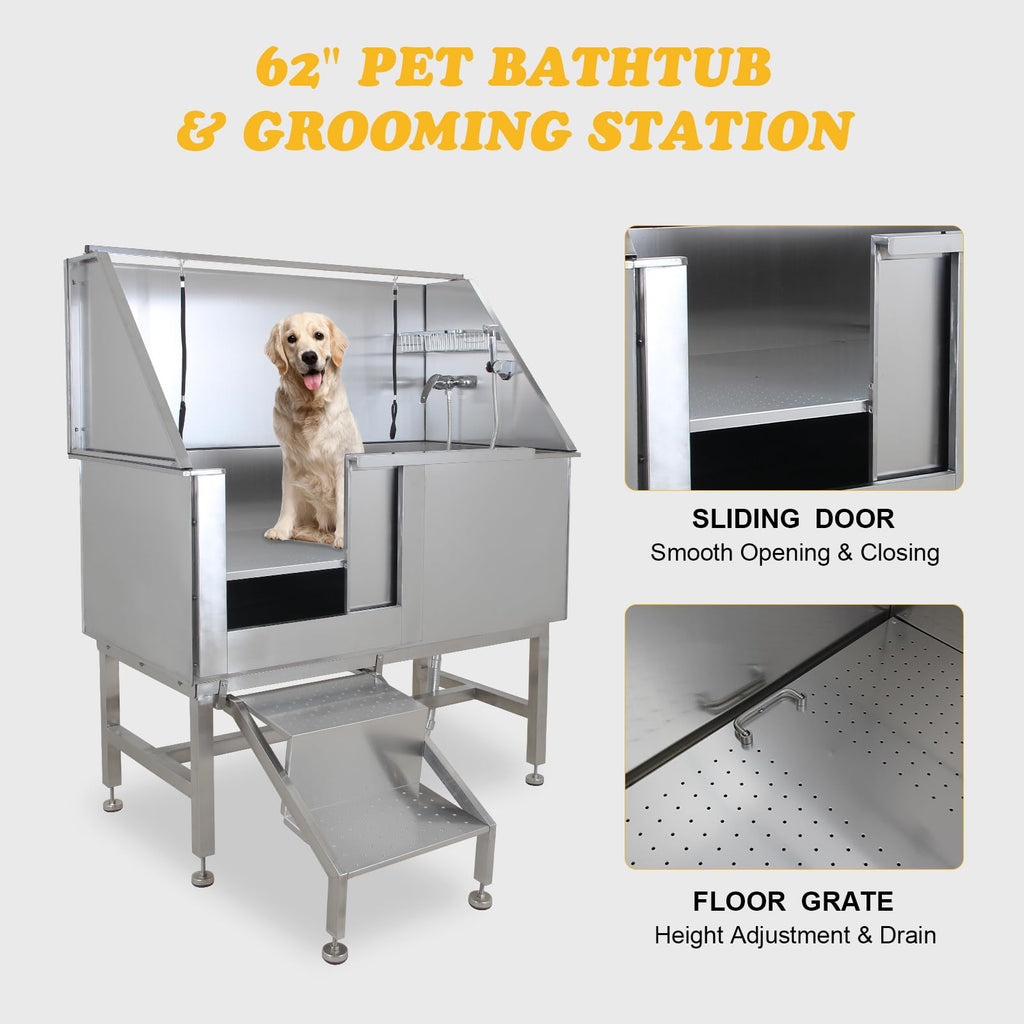 Garvee 62" Dog Grooming Tub, Pet Wash Station, Professional Stainless Steel Pet Grooming Tub with Ramp, Faucet, Sprayer, and Drain Kit