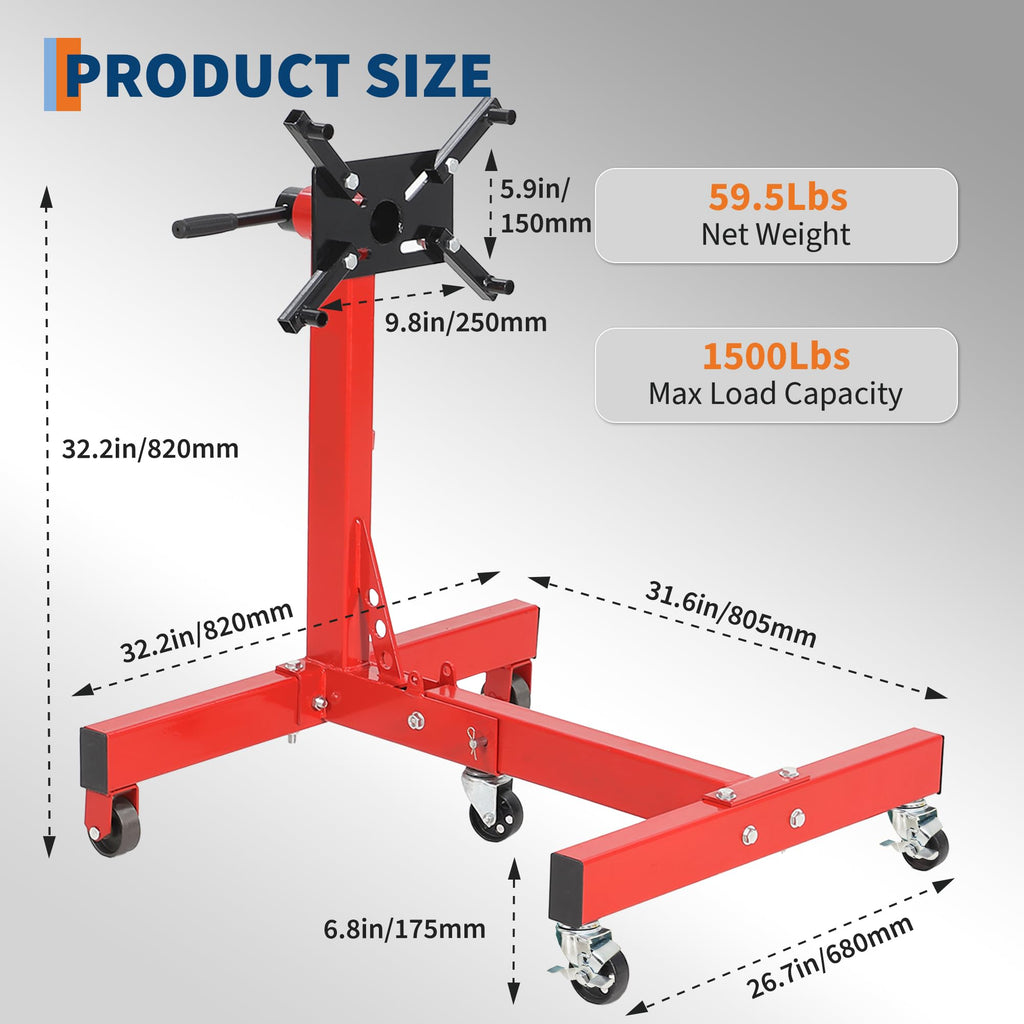 Garvee Engine Stand 1500 LBS Rotating Motor Stand with 360° Rotating Head, Adjustable Arms, Casters for Vehicle Maintenance, Durable Steel, Black