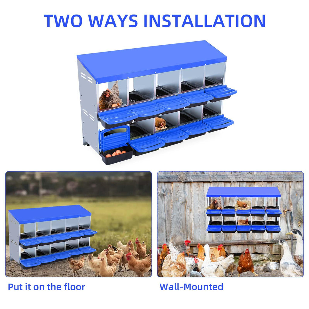 Garvee Chicken Nesting Box 10-Hole Roll Away Egg Laying Box Heavy-Duty Galvanized Steel Rustproof Blue Wall-Mountable